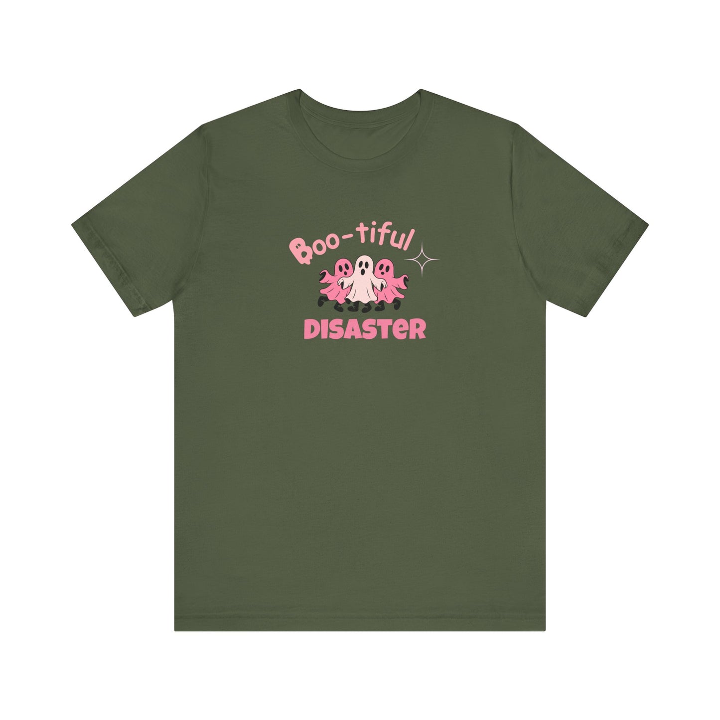 Green t-shirt with pink graphic and text 'Boo-tiful Disaster' on a white background