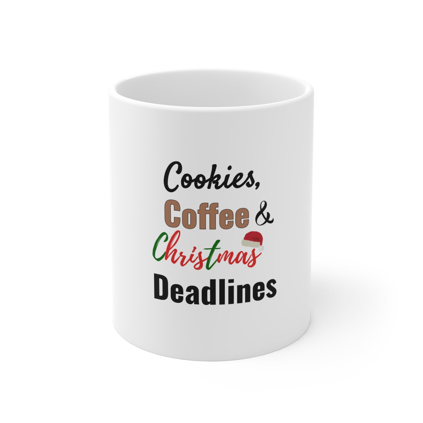 White mug with text 'Cookies, Coffee & Christmas Deadlines' on a white background