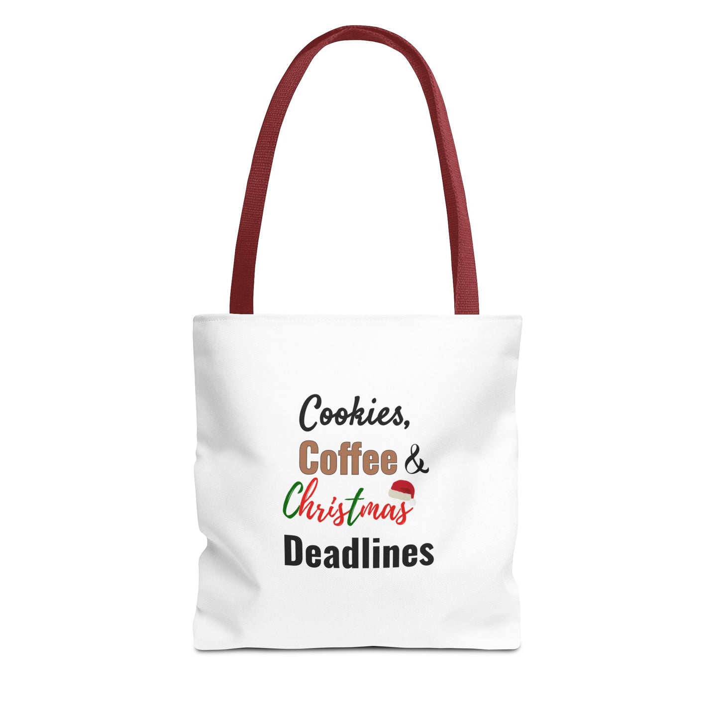 White tote bag with red handle and text 'Cookies, Coffee & Christmas Deadlines' on a white background