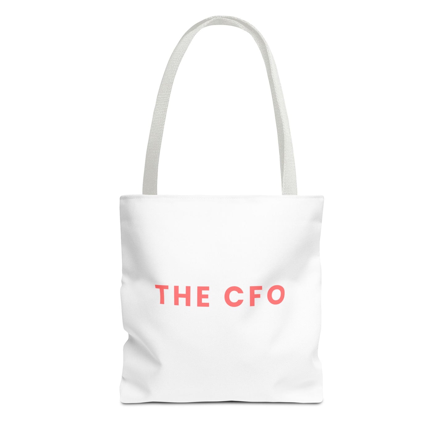 White tote bag with white handles and 'THE CFO' text on a white background