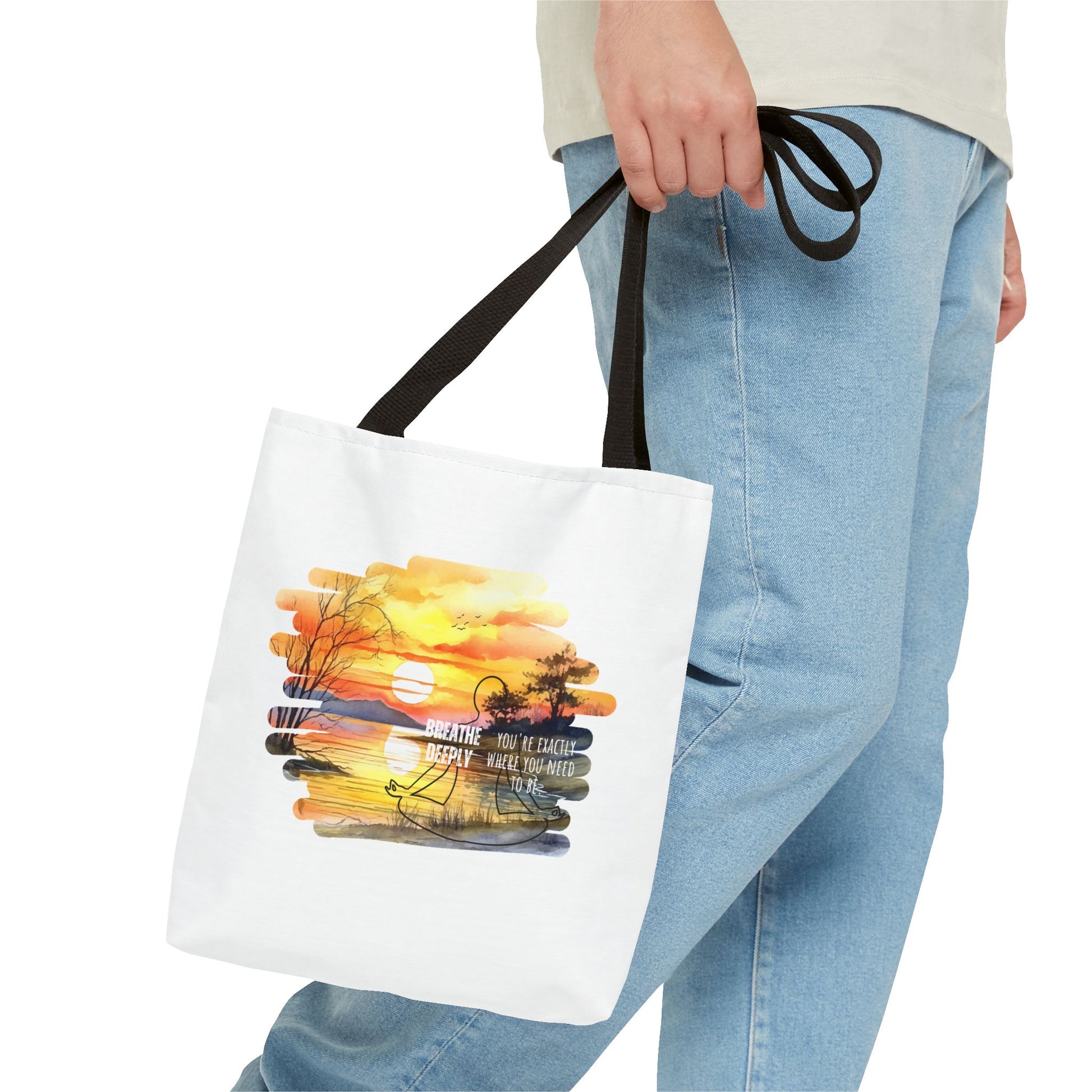 Breathe Deeply Tote Bag - with 1 man holding white tote bag - black strap