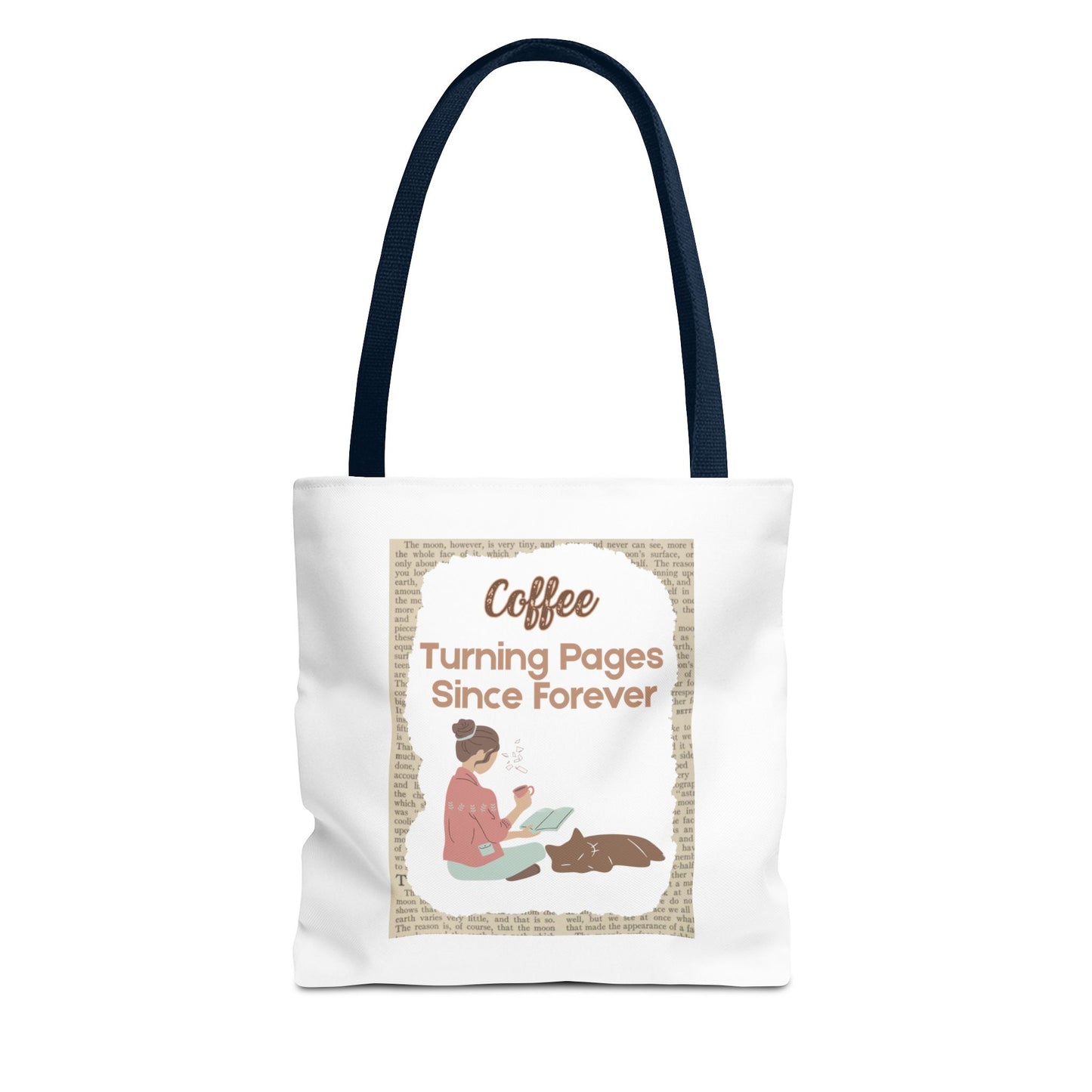 tote bag with navy handles has the design: Coffee: Turning Pages Since Forever