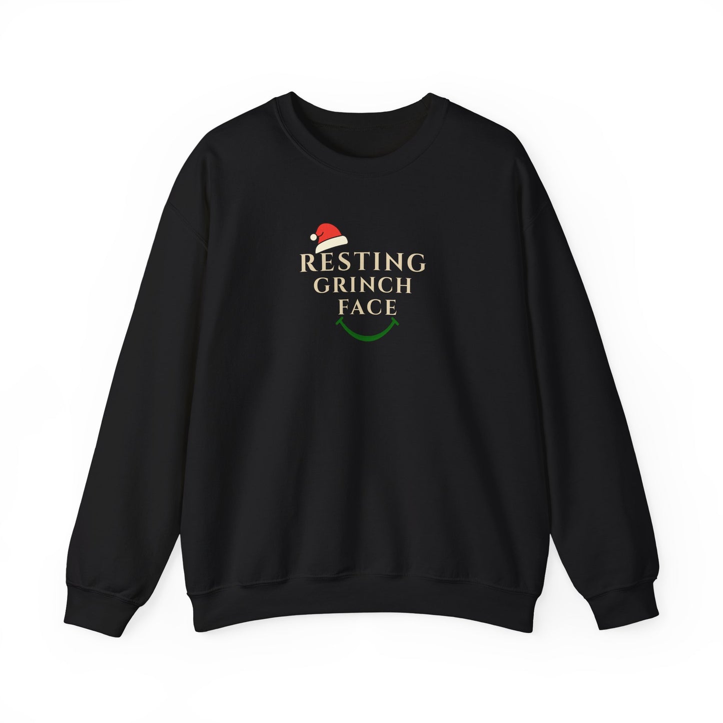 Black sweatshirt with 'Resting Grinch Face' text and graphic on a white background