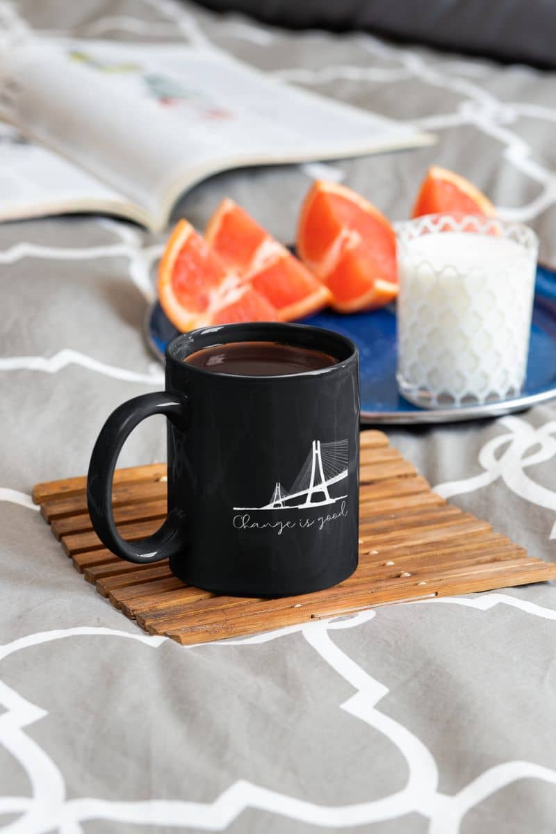 11 oz Motivational Mug with a cup of coffee next to a plate of fruit