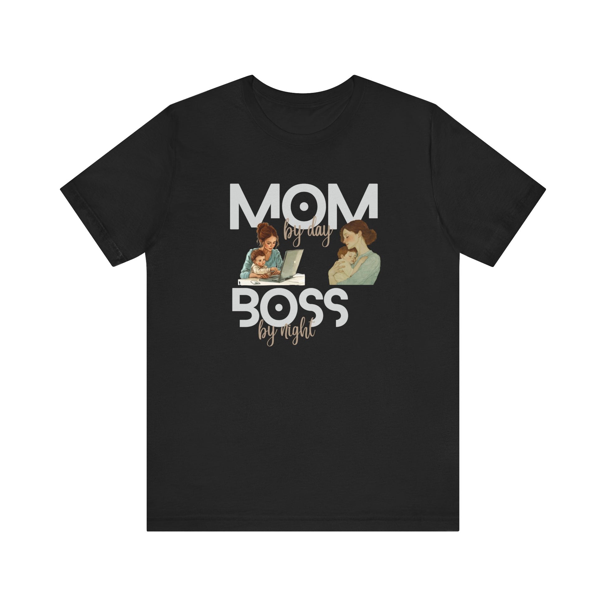 Black t-shirt with text 'Mom by day, boss by night'