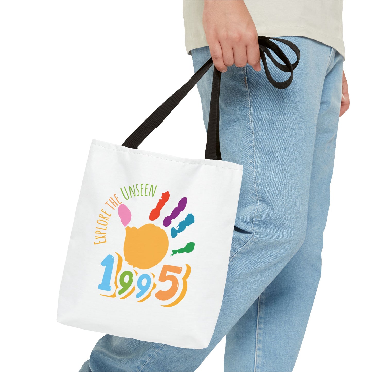 Explore the Unseen 1995 Tote Bag - Colorful Handprint Design