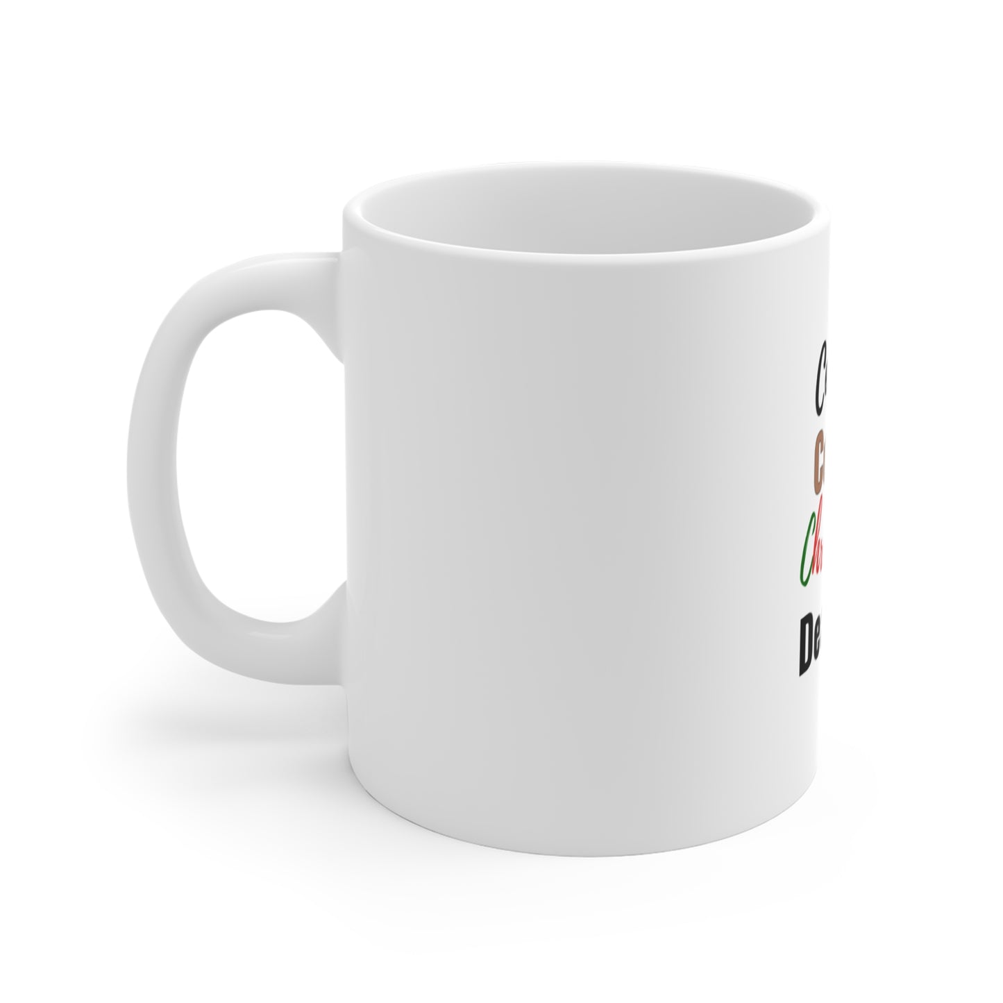 Left side view of white mug with colorful design on a white background