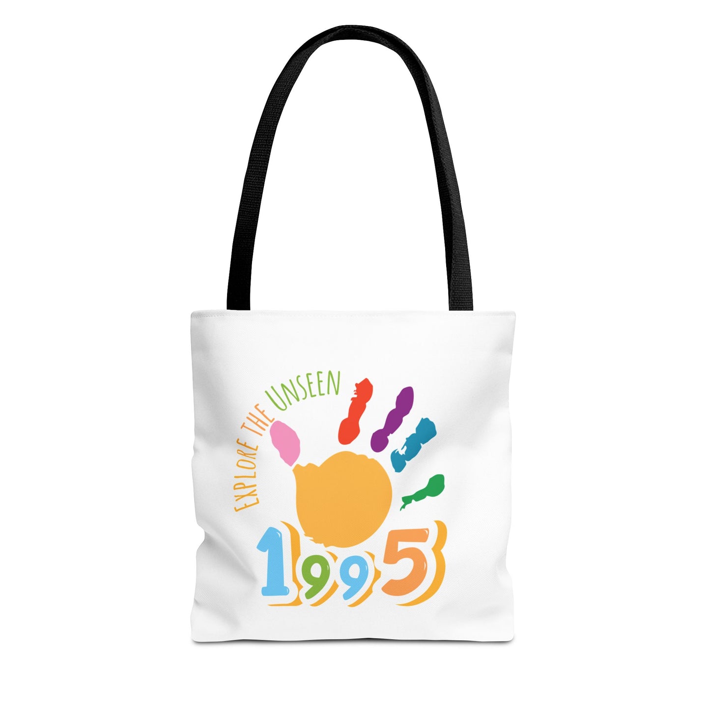 Explore the Unseen 1995 Tote Bag - Colorful Handprint Design