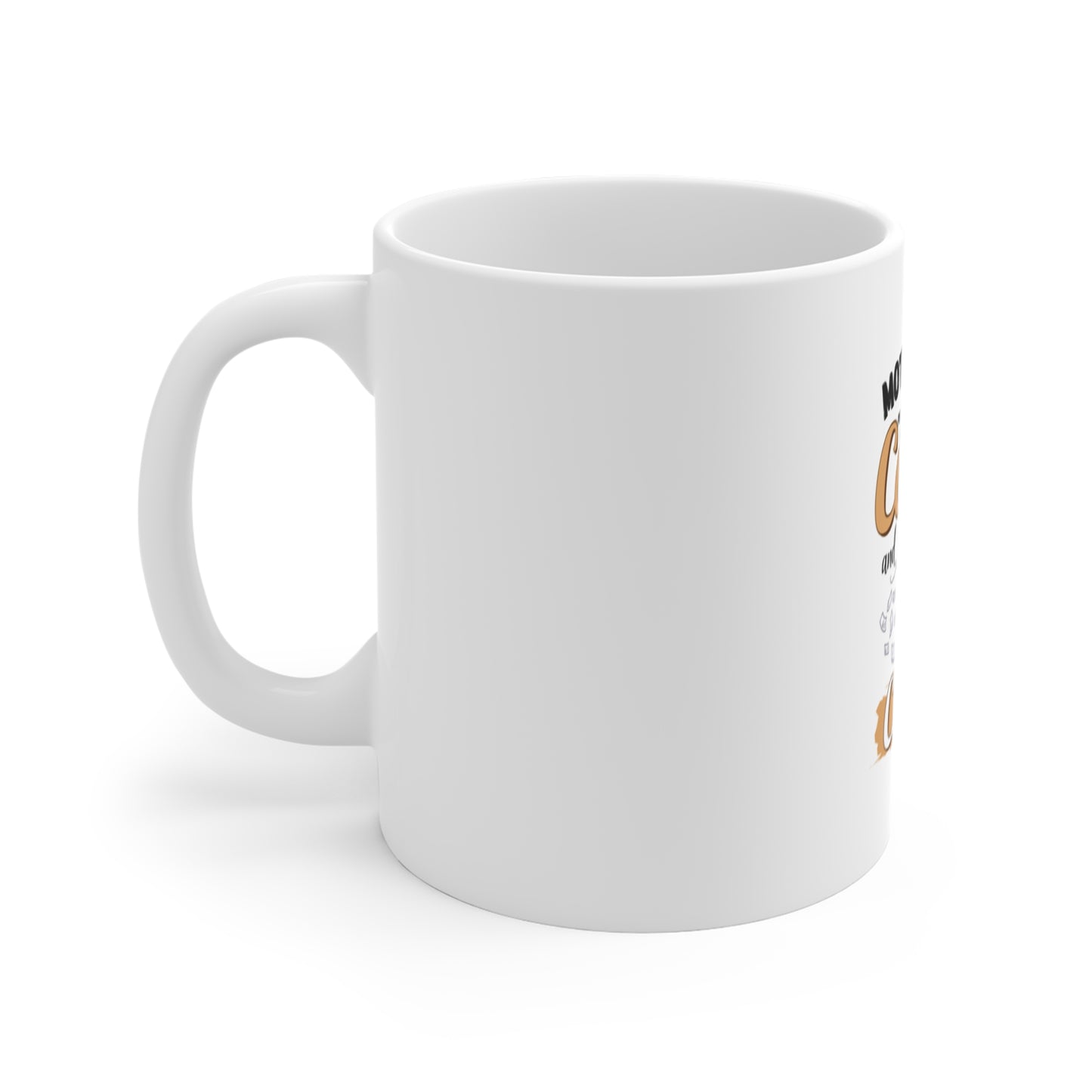 Left side view of white mug with text and graphics on a white background