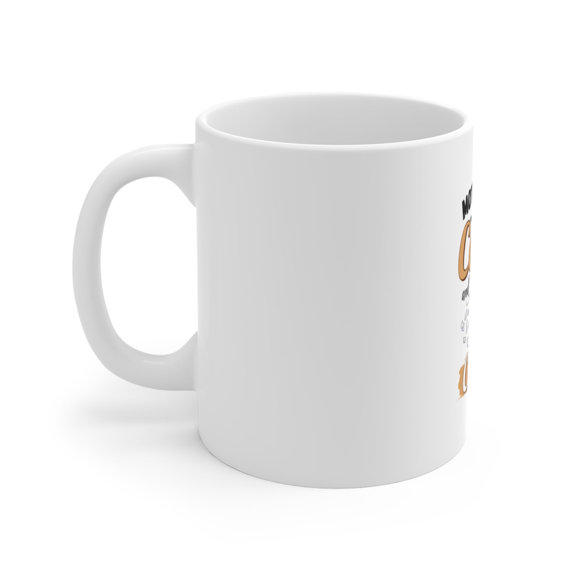 Left side view of white mug with text and graphics on a white background