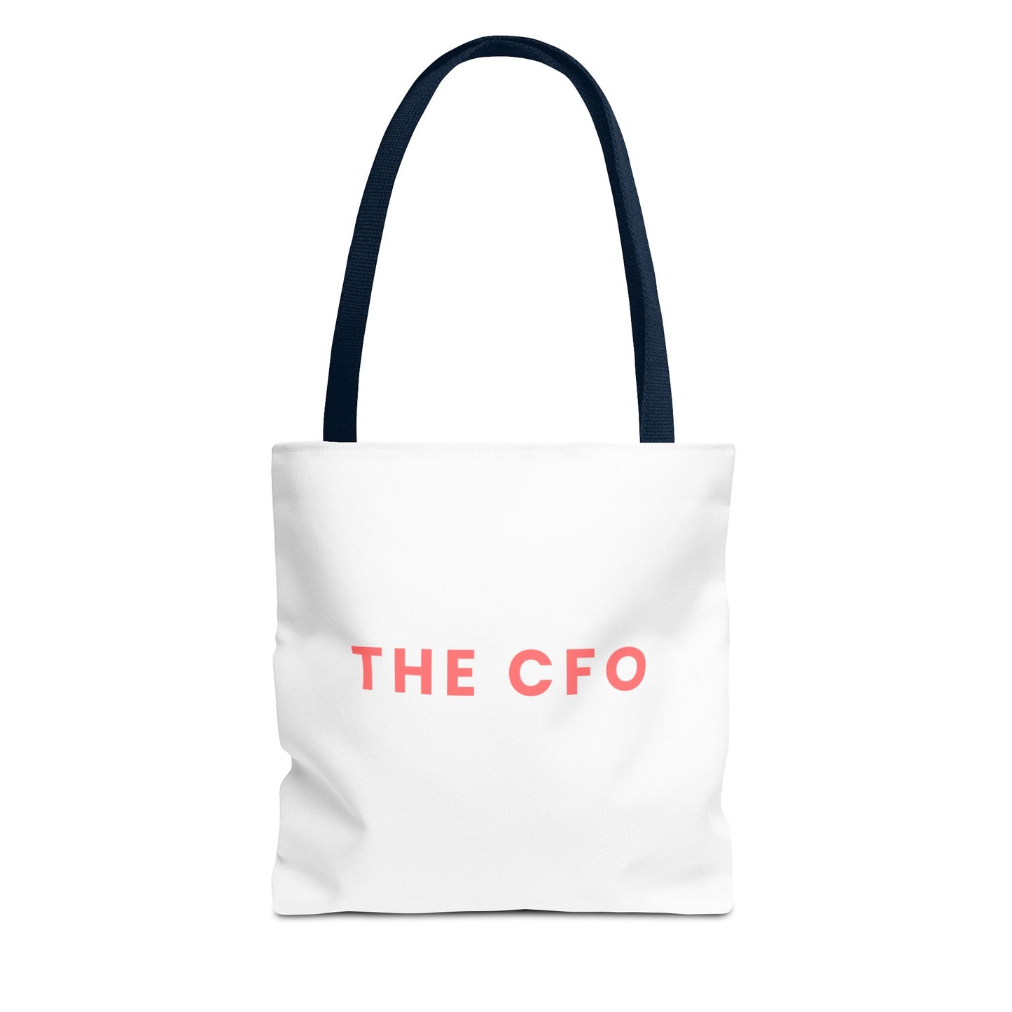 White tote bag with navy handles and 'THE CFO' text on a white background