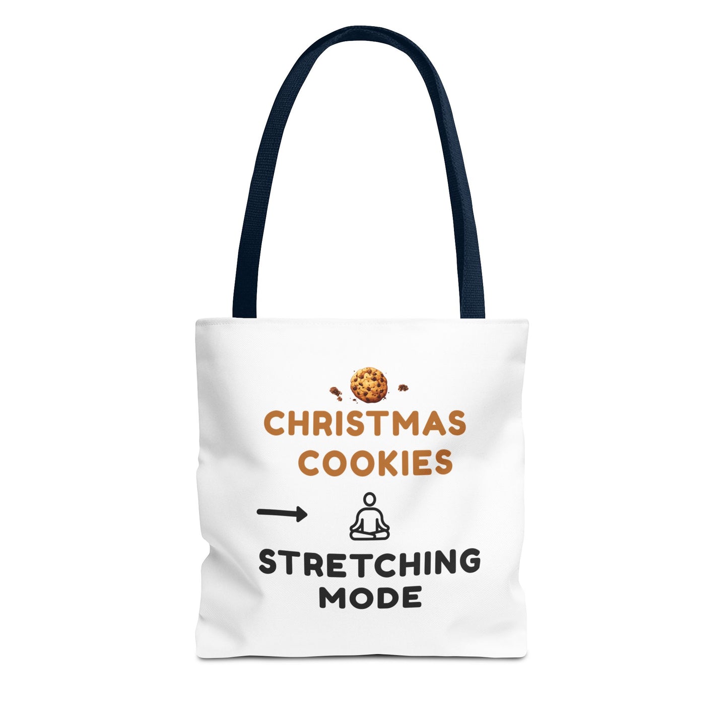White tote bag with navy handle and text 'Christmas Cookies, Stretching Mode' on a white background