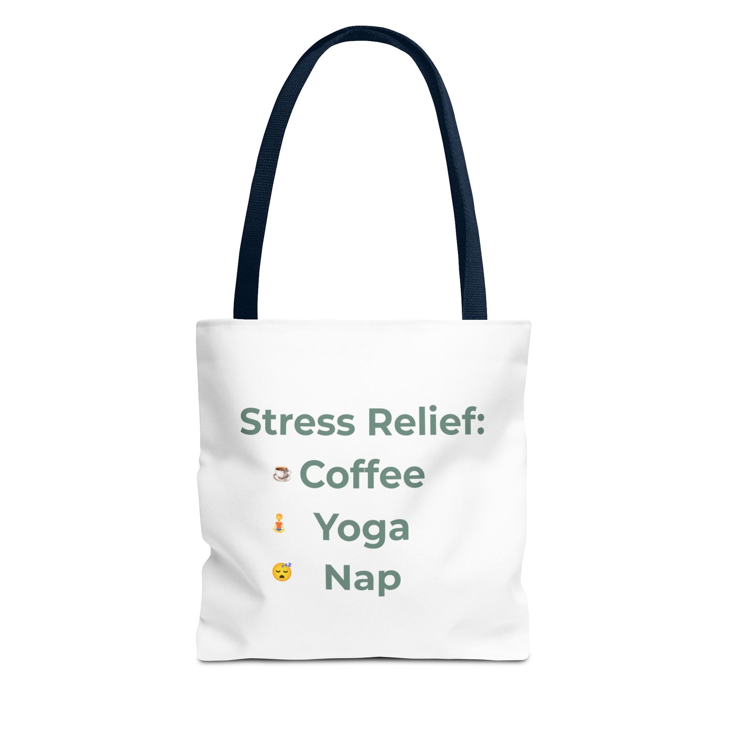Tote bag with 'Stress Relief: Coffee Yoga Nap' text and icons on a white background - navy handle