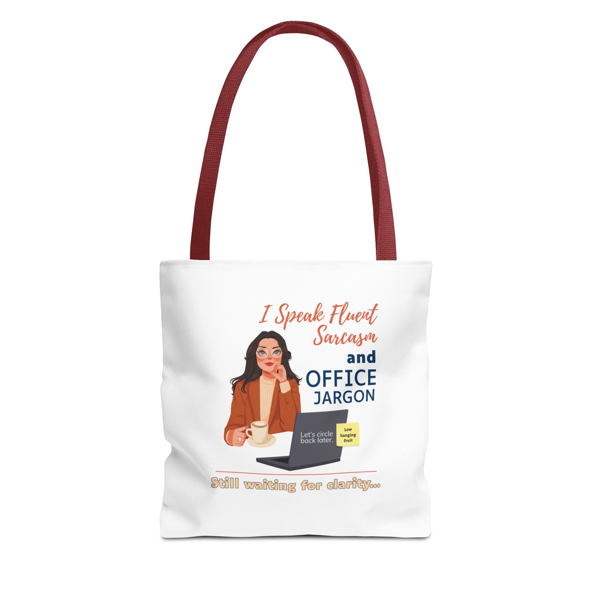 I speak fluent sarcasm and office jargon tote bag - red handle
