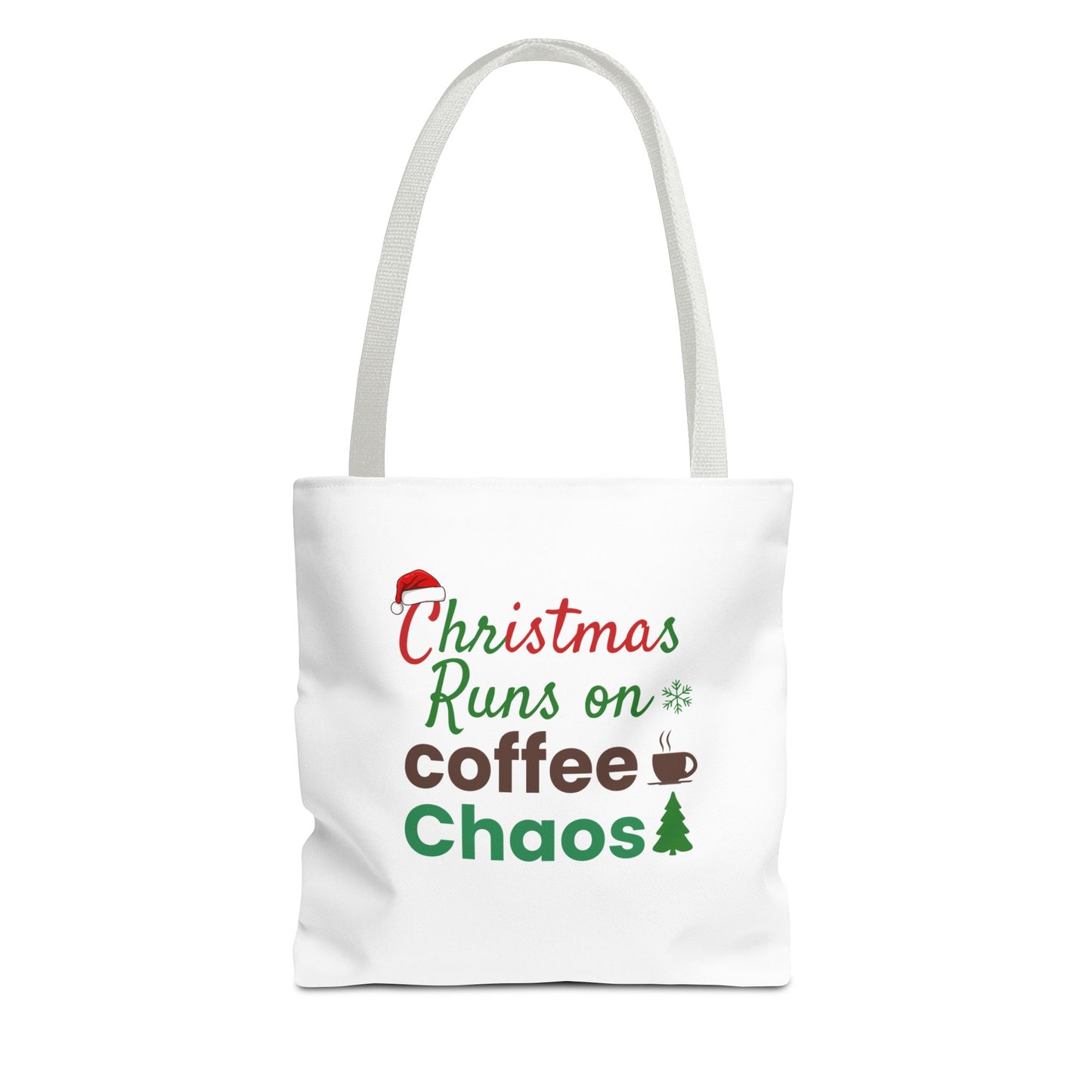 White tote bag with white handle and text 'Christmas Runs on Coffee Chaos' and graphics on a white background