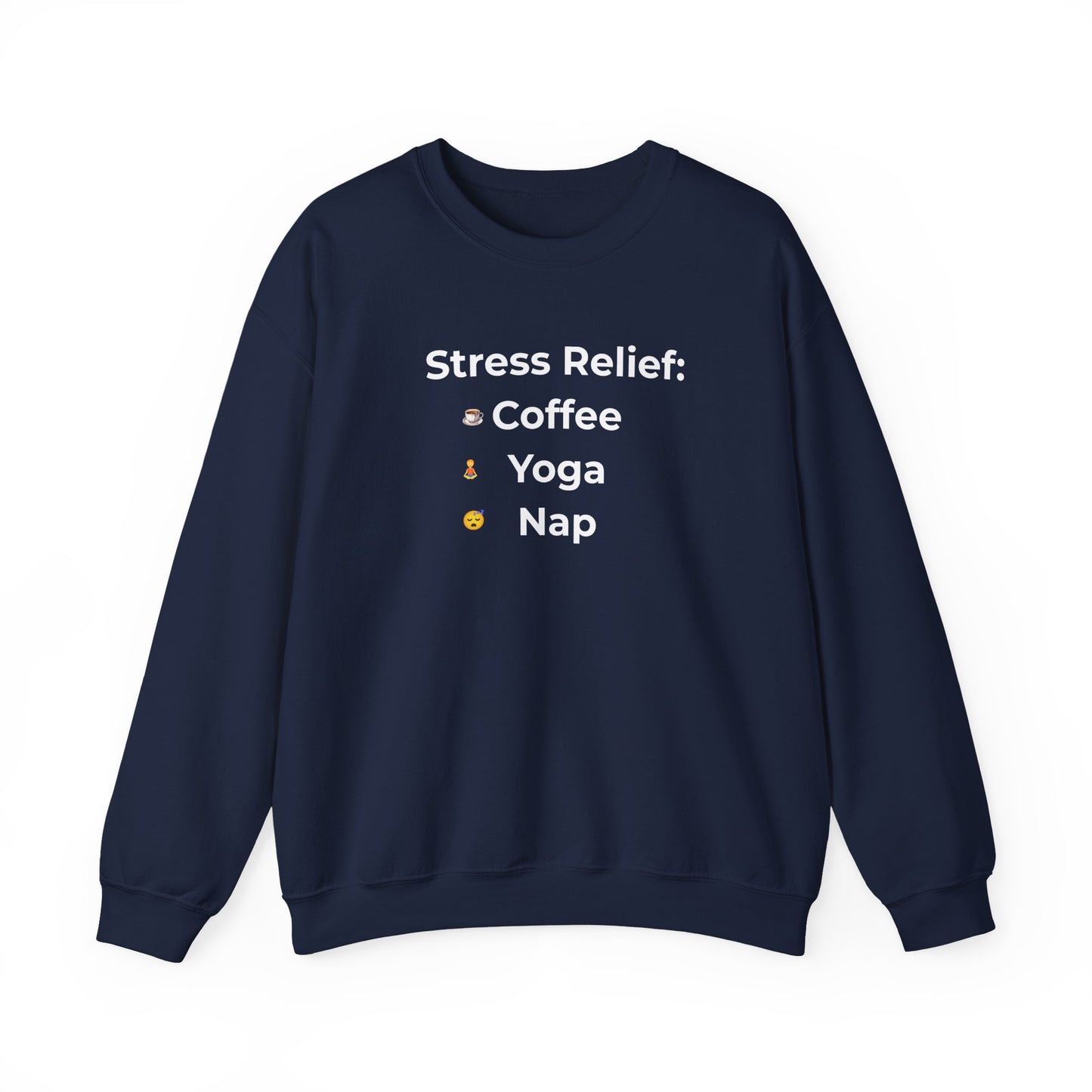 Navy blue sweatshirt with 'Stress Relief' text and icons on a white background
