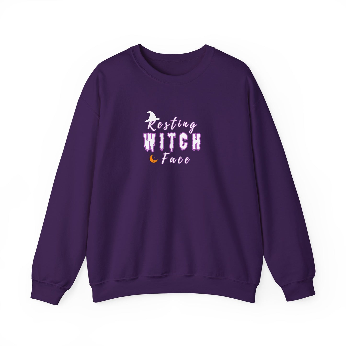 Purple sweatshirt with 'Resting Witch Face' text on a white background