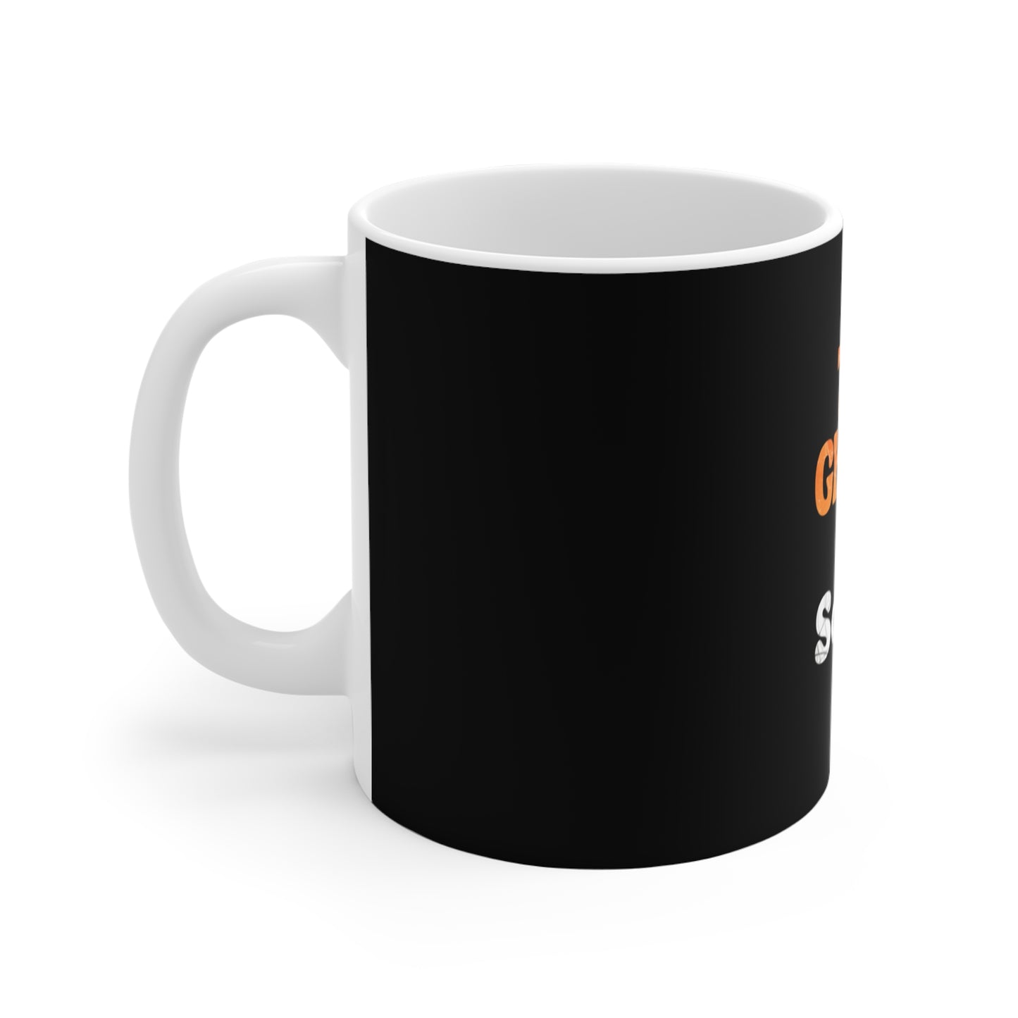 Left side view of black mug with 'Too Ghoul for School' text on a white background