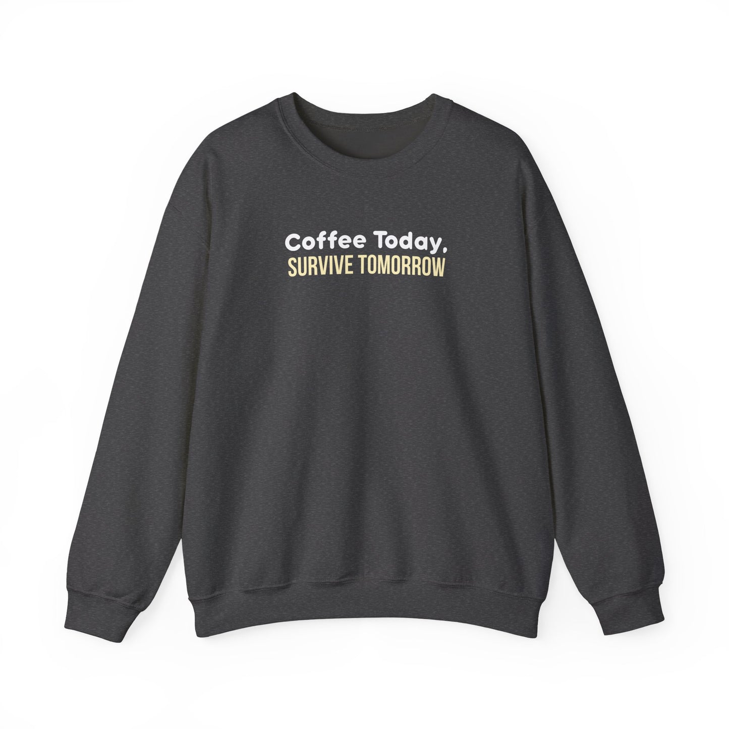 Dark gray sweatshirt with 'Coffee Today, Survive Tomorrow' text on a white background