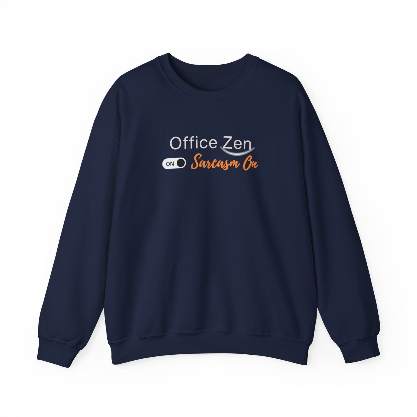 Navy sweatshirt design with 'Office Zen' and 'Sarcasm On' text on a white background