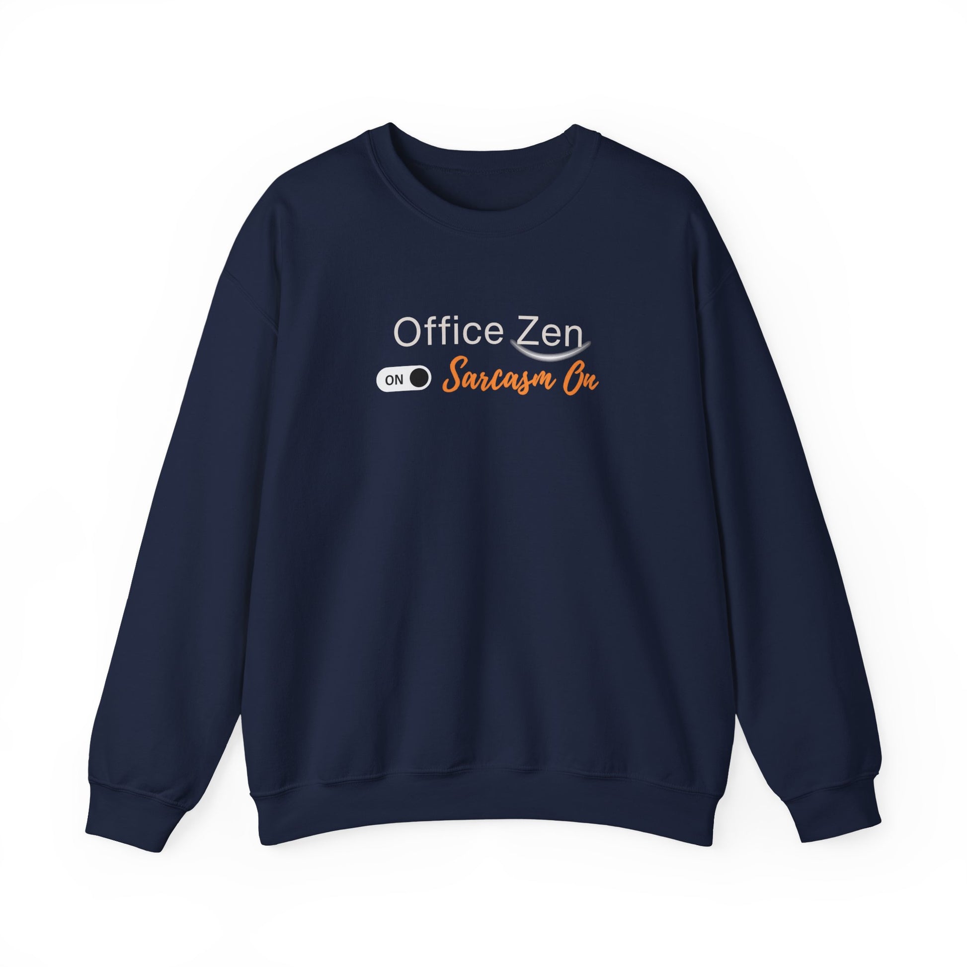 Navy sweatshirt design with 'Office Zen' and 'Sarcasm On' text on a white background