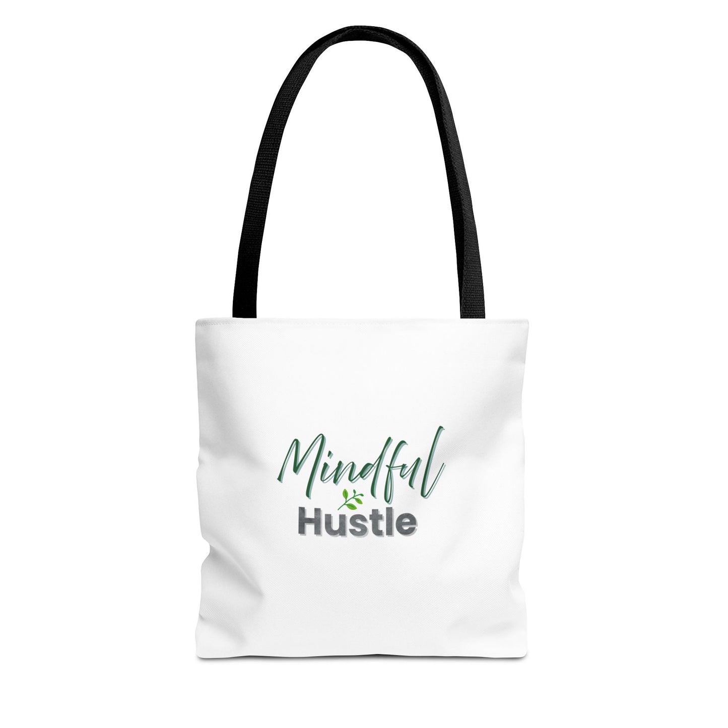 White tote bag with 'Mindful Hustle' text and black handles on a white background