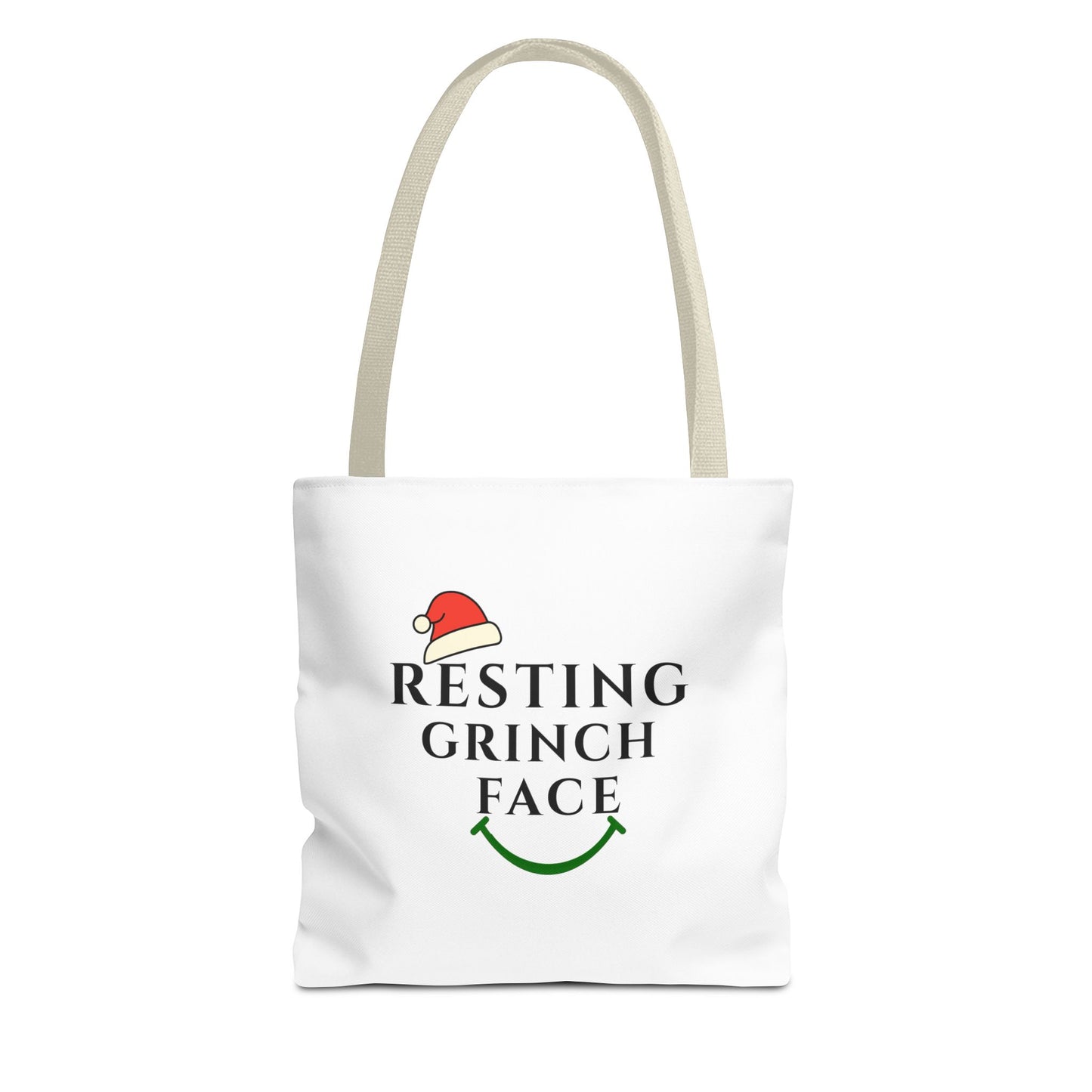 White tote bag with beige handle and text 'Resting Grinch Face' on a white background