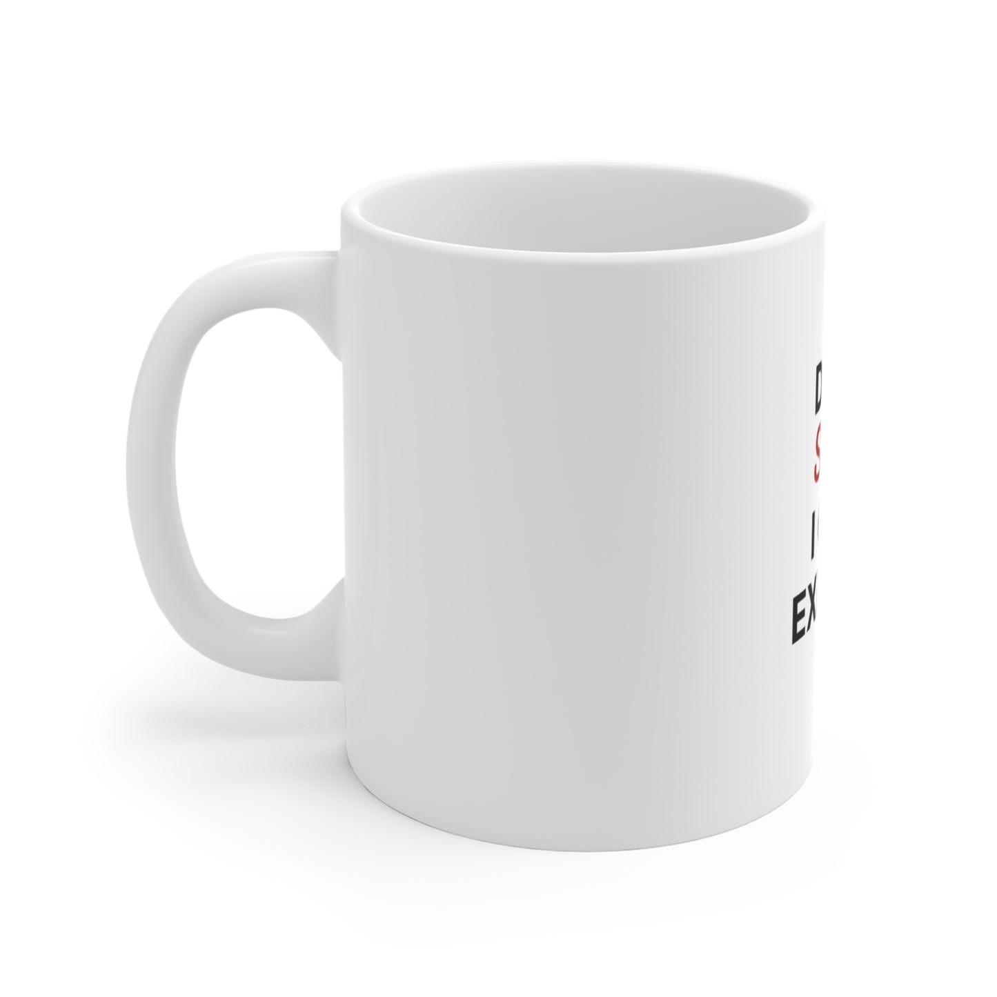 Left side view of white mug with text on a white background