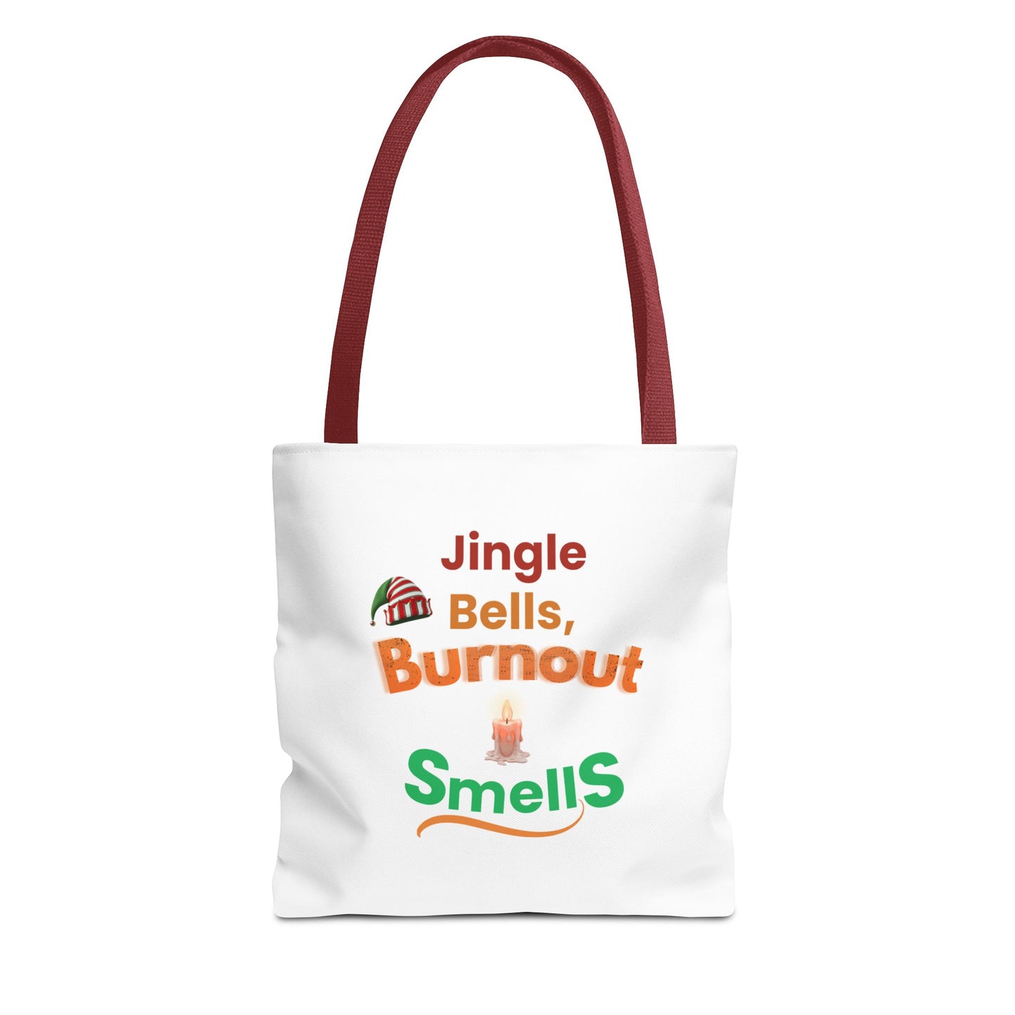 White tote bag with red handle and humorous text 'Jingle Bells, Burnout Smells' on a white background