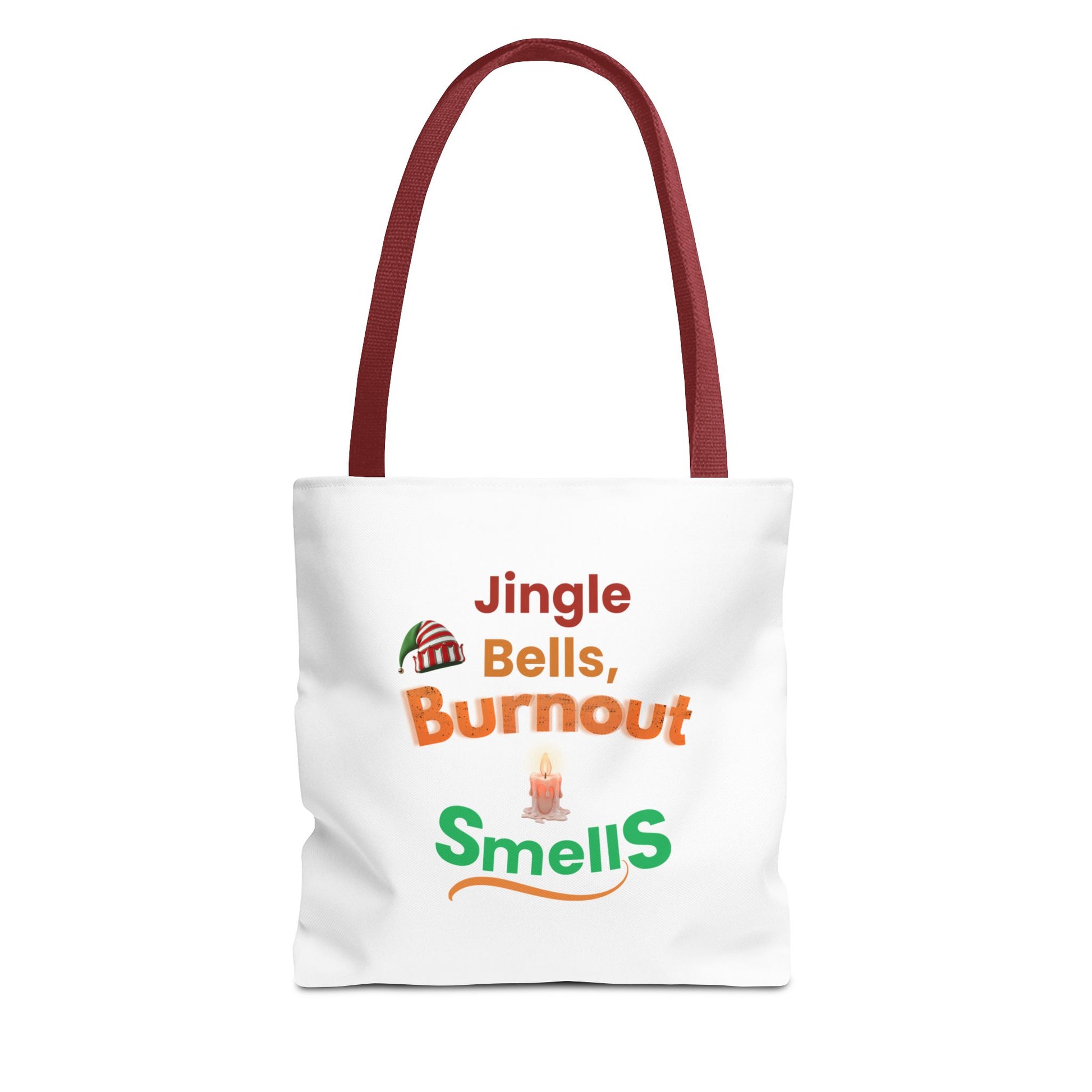 White tote bag with red handle and humorous text 'Jingle Bells, Burnout Smells' on a white background