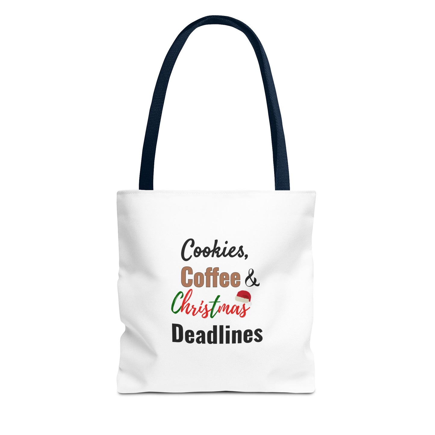 Tote bag with navy handle and 'Cookies, Coffee & Christmas Deadlines' text on a white background