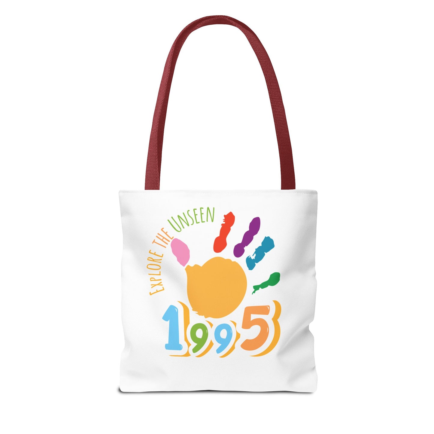 Explore the Unseen 1995 Tote Bag - Colorful Handprint Design