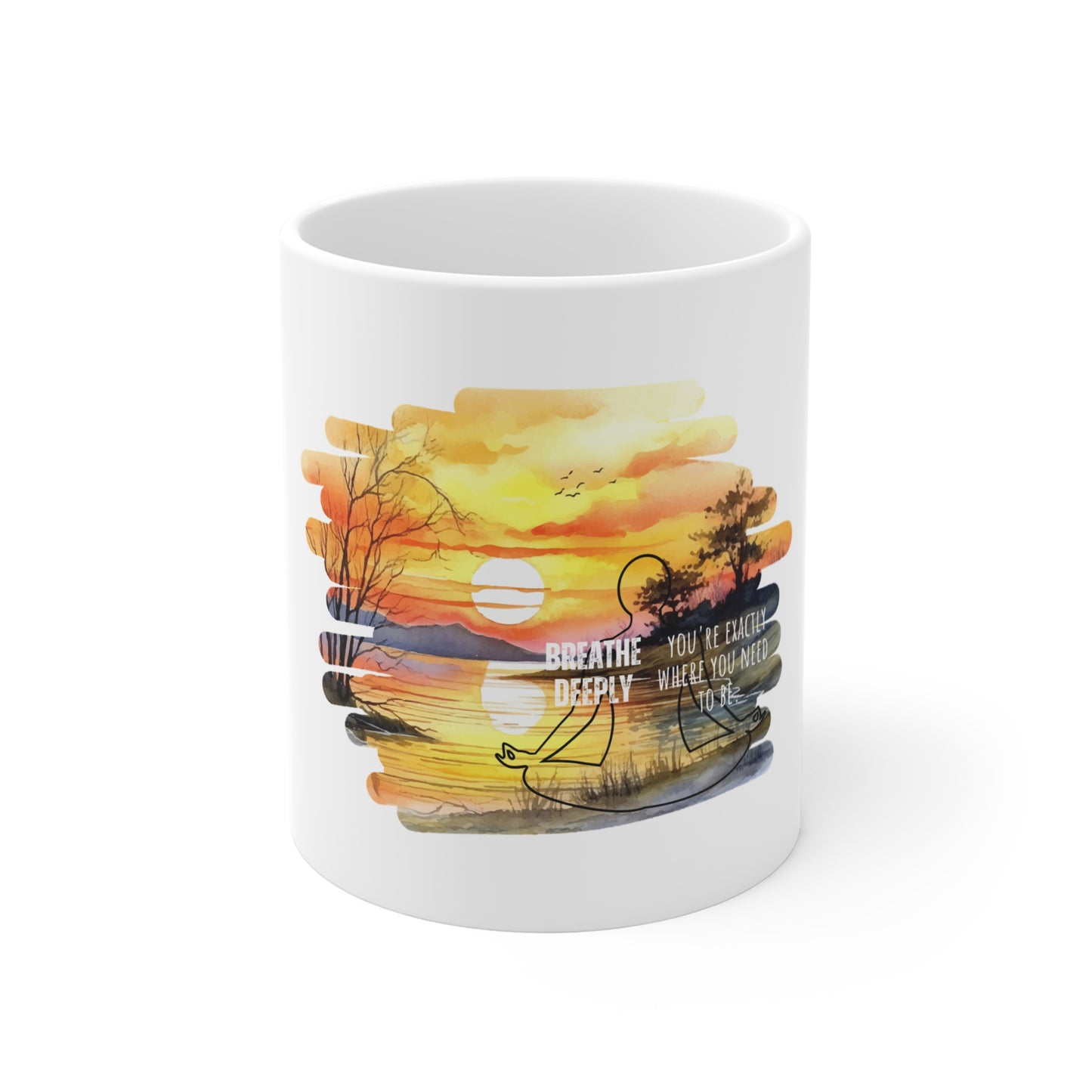 Breathe deeply yoga mug with a white sample cup