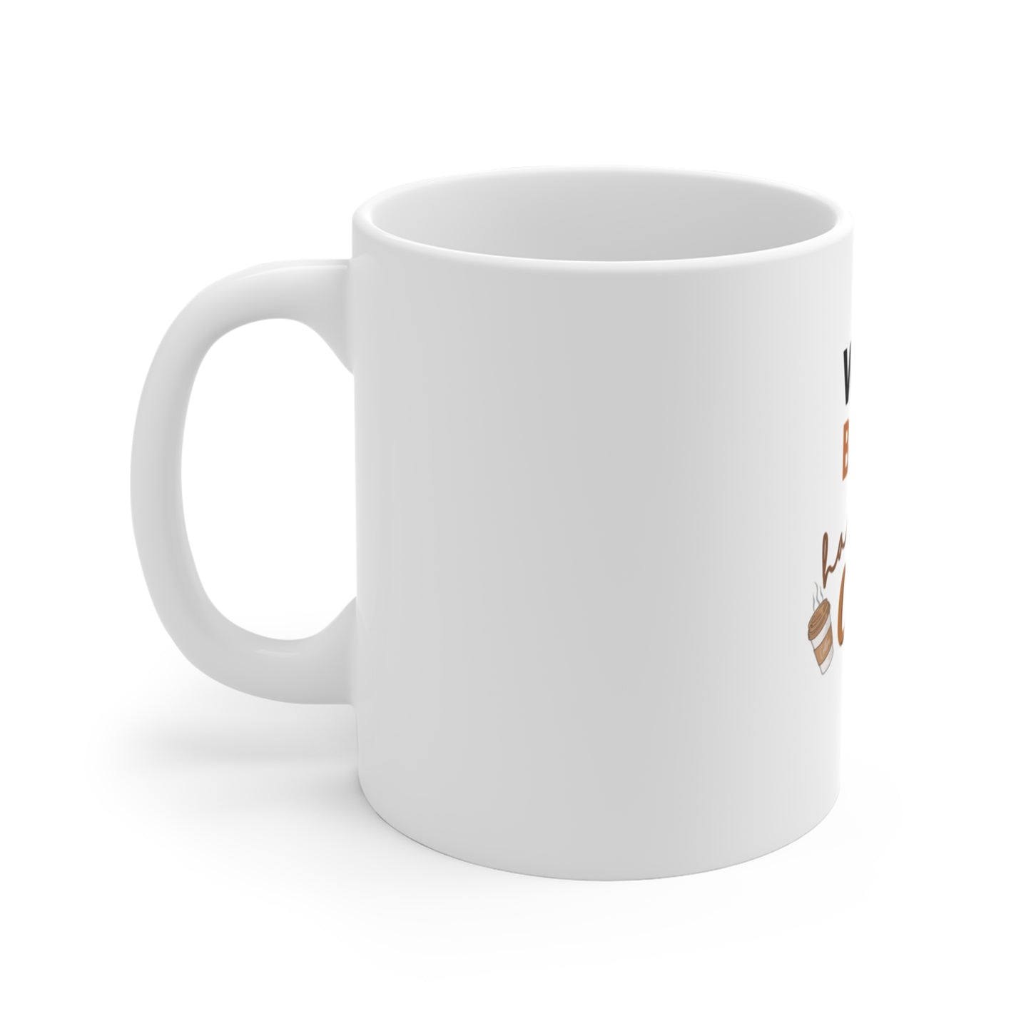 Left side view of white mug with a design on a white background