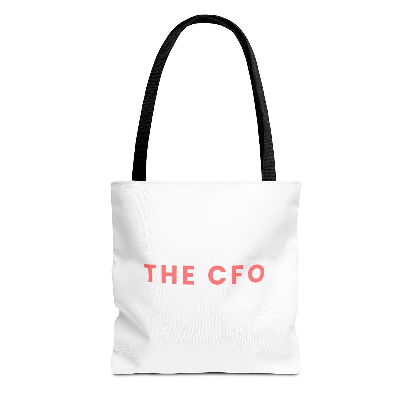 White tote bag with 'THE CFO' text in red on a white background
