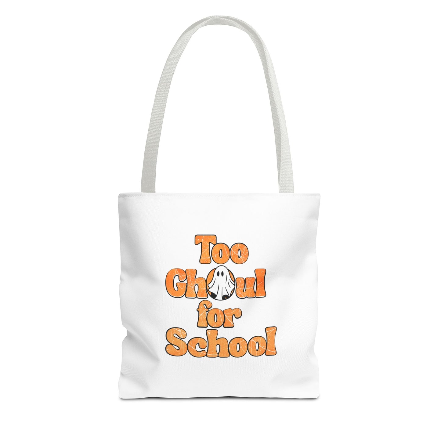 Tote bag with white handle and text 'Too Ghoul for School' on a white background
