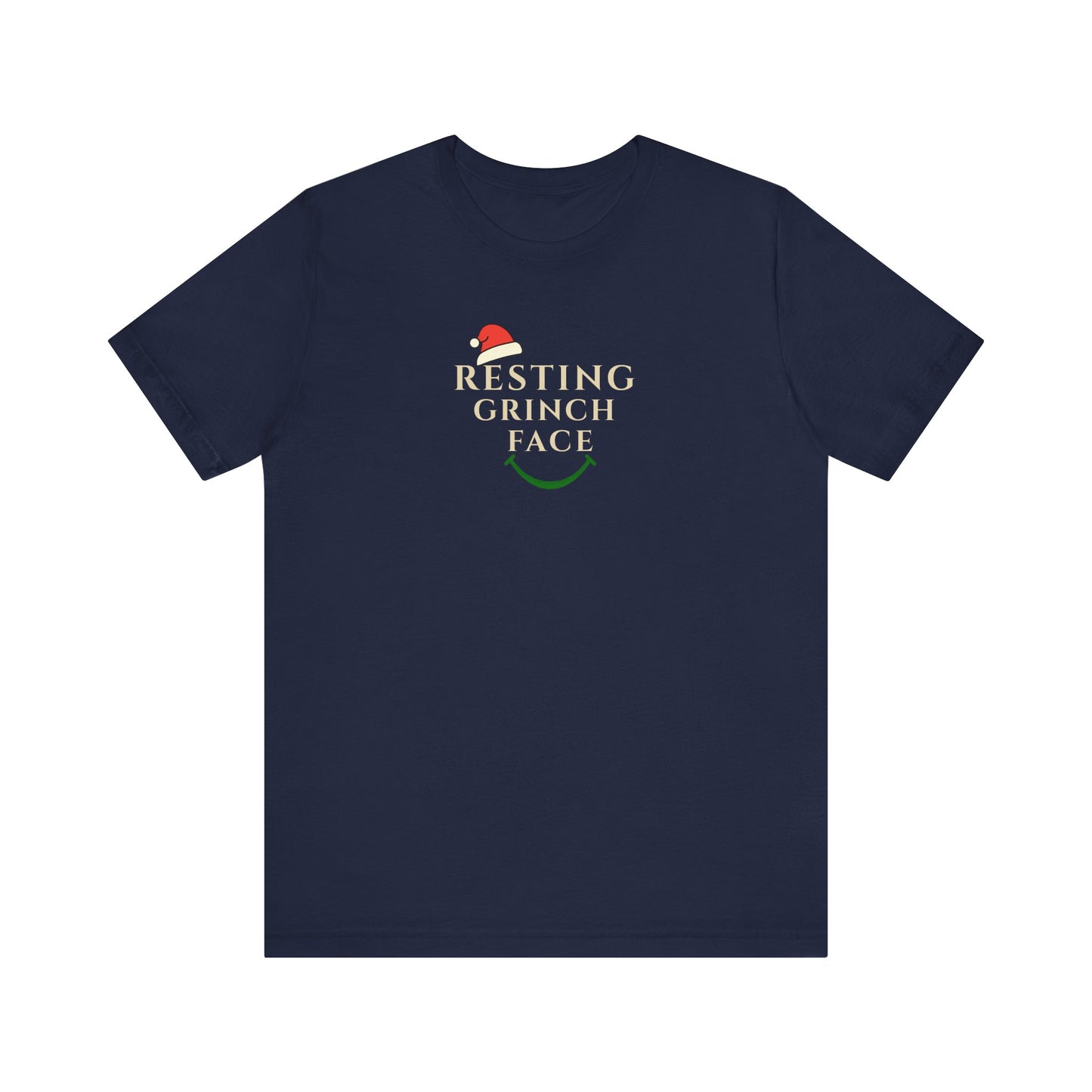 Navy blue t-shirt with 'Resting Grinch Face' graphic on a white background