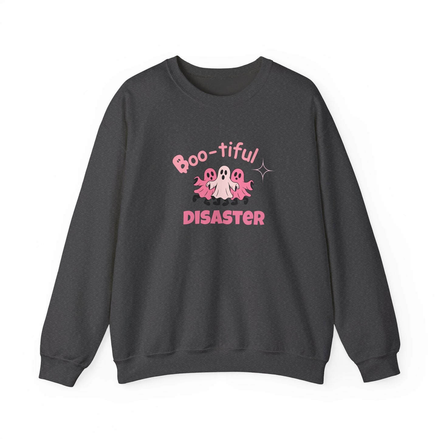 Dark gray sweatshirt with 'Boo-tiful Disaster' text and ghost graphic on a white background