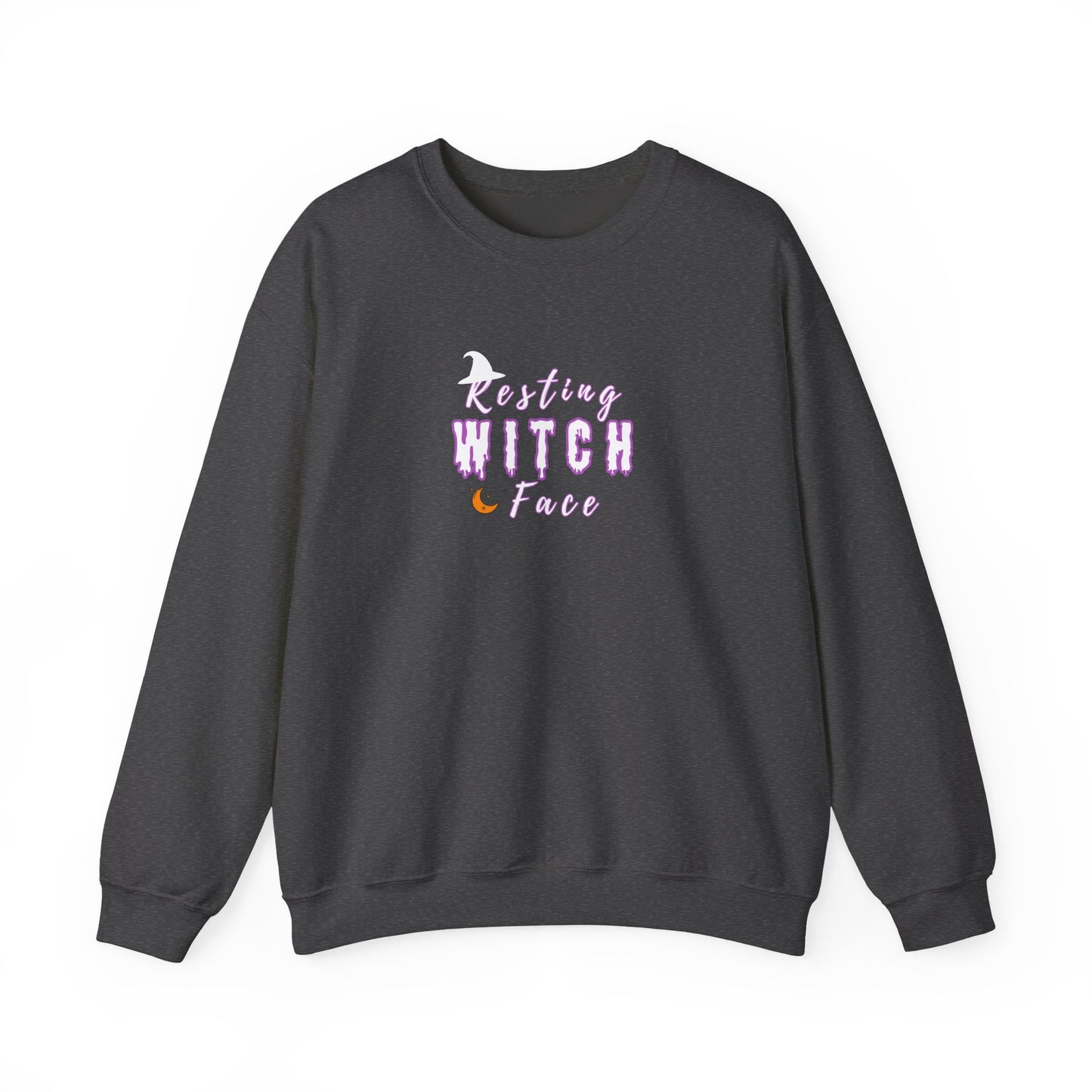Dark gray sweatshirt with 'Resting Witch Face' text on a white background
