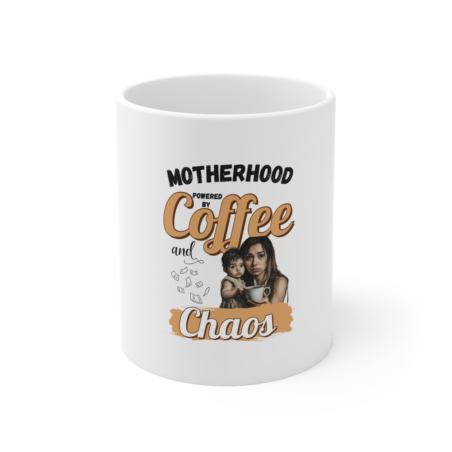White mug with text 'Motherhood powered by Coffee and Chaos' and a photo of a woman holding a child.