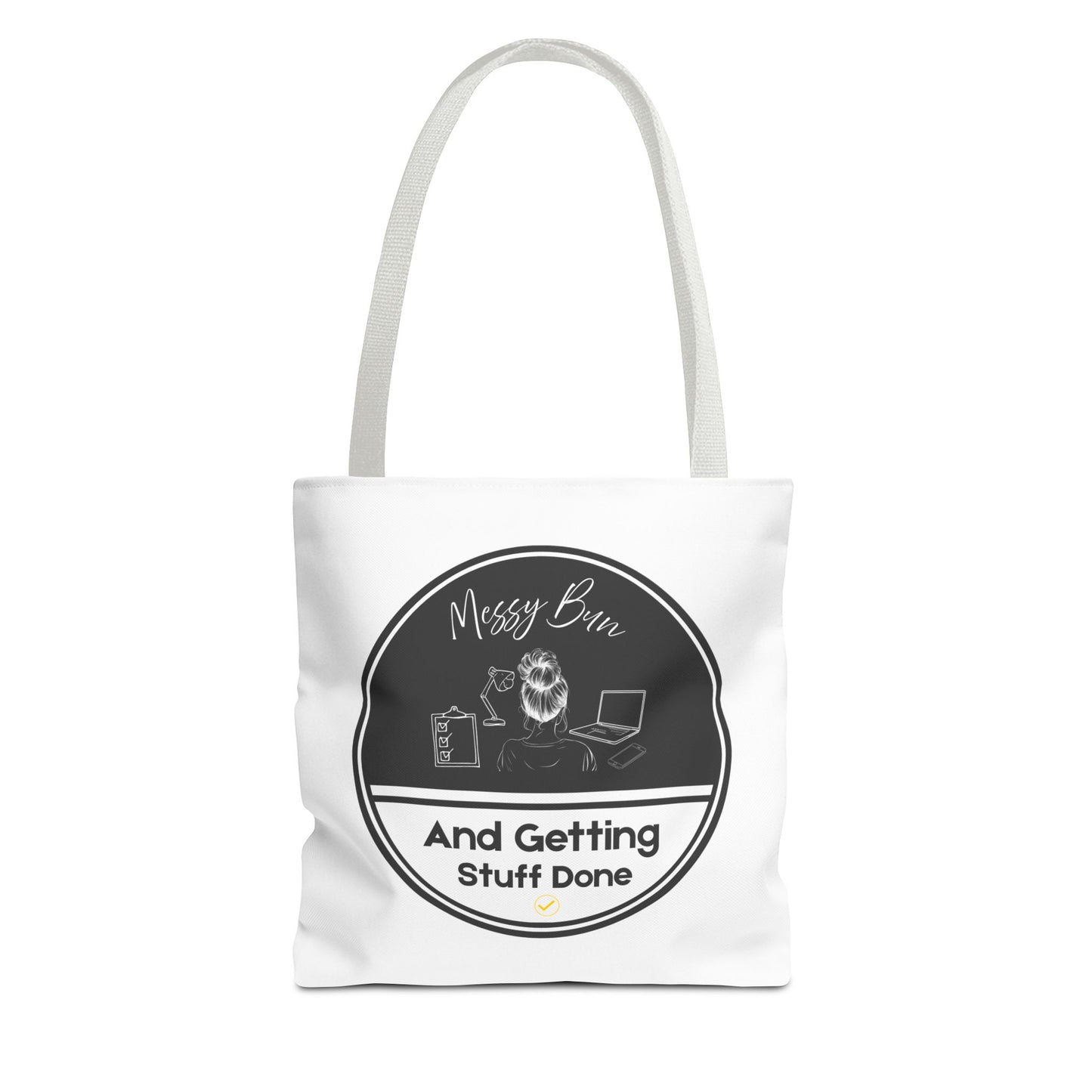 Messy bun tote bag with white handle
