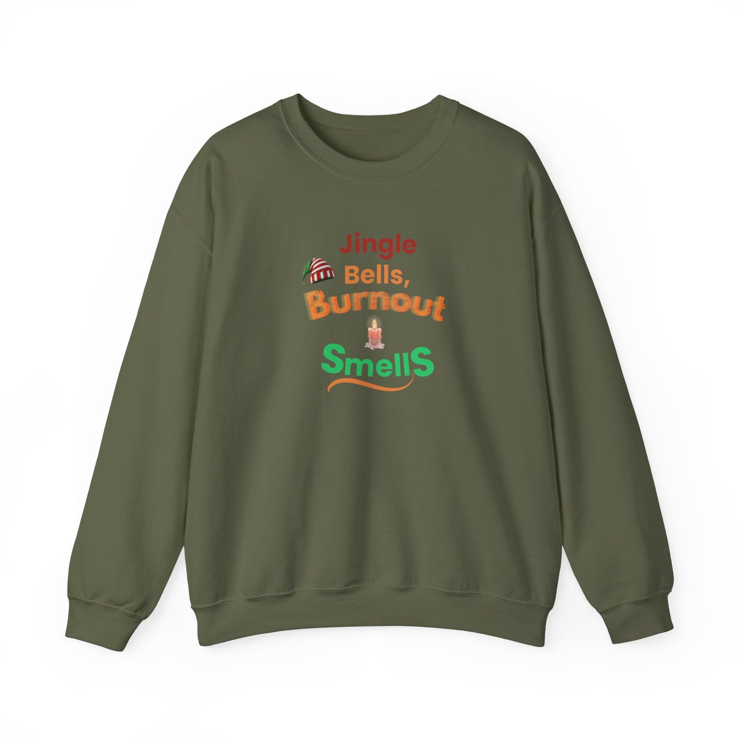 Green sweatshirt with 'Jingle Bells, Burnout Smells' text and graphic on a white background