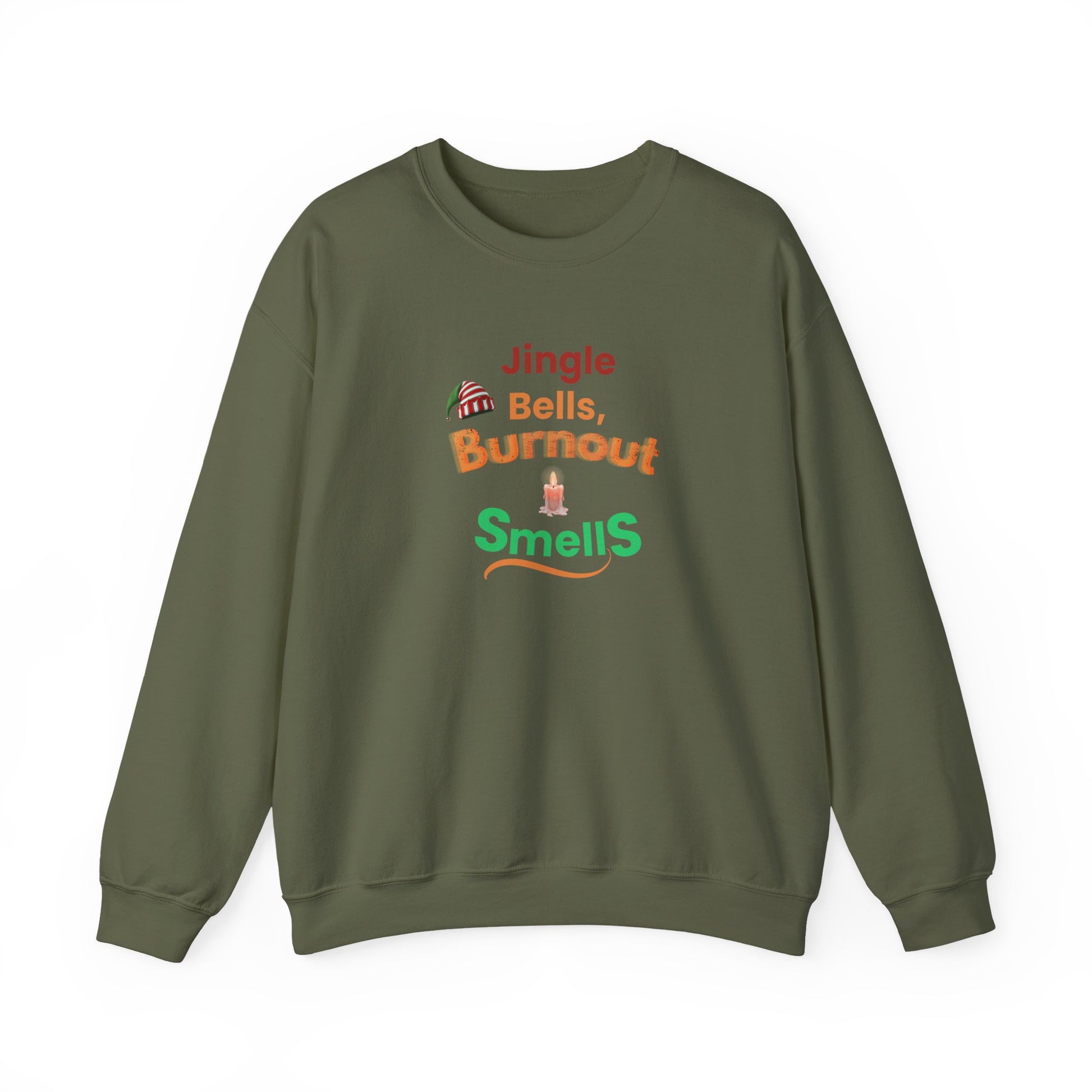 Green sweatshirt with 'Jingle Bells, Burnout Smells' text and graphic on a white background