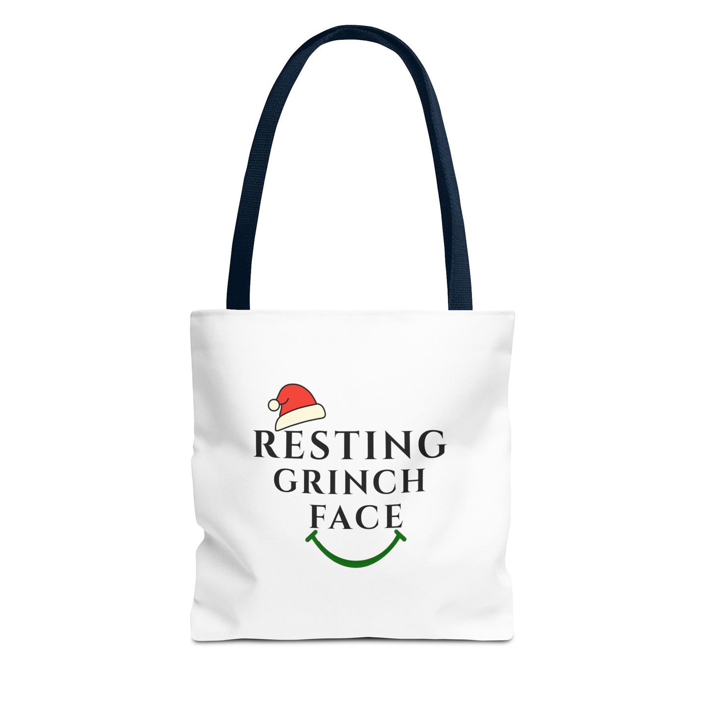 White tote bag with navy handle and text 'Resting Grinch Face' on a white background