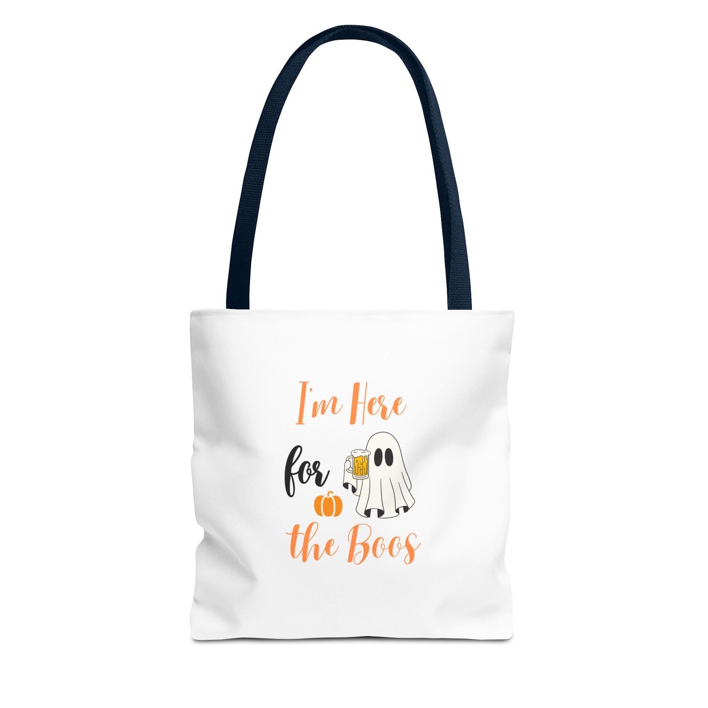 Tote bag with navy handle and text 'I’m Here for the Boos' on a white background