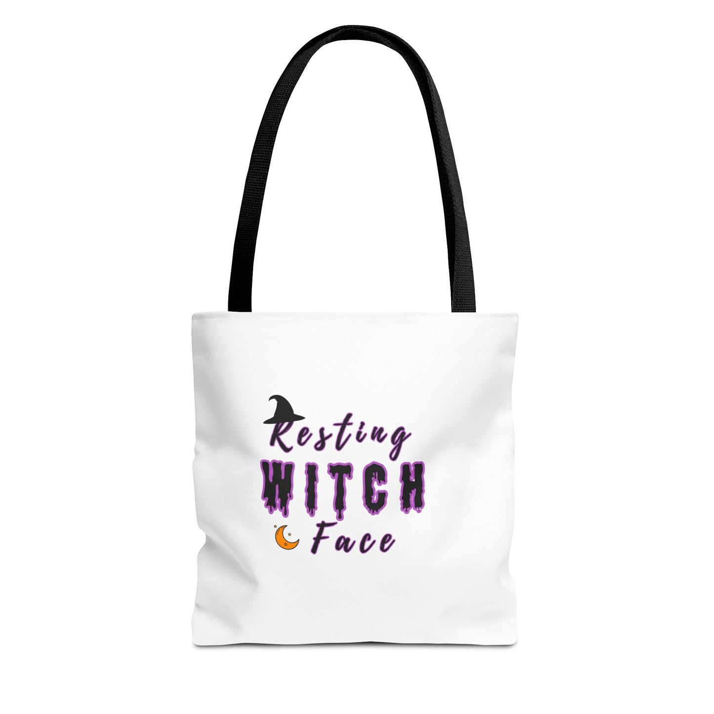 Tote bag with black handle and 'Resting Witch Face' text on a white background