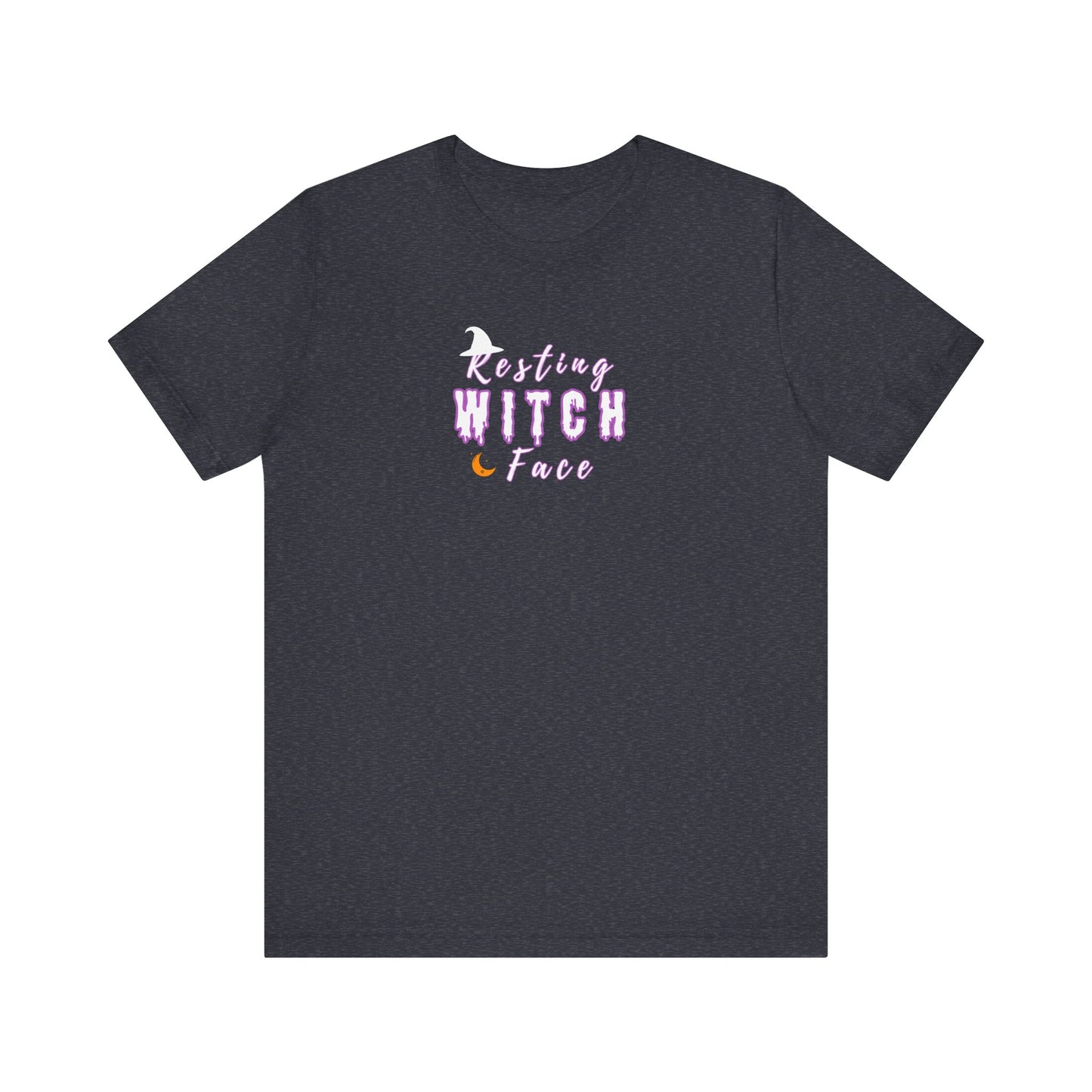 Heather navy t-shirt with 'Resting Witch Face' text and graphic on a white background