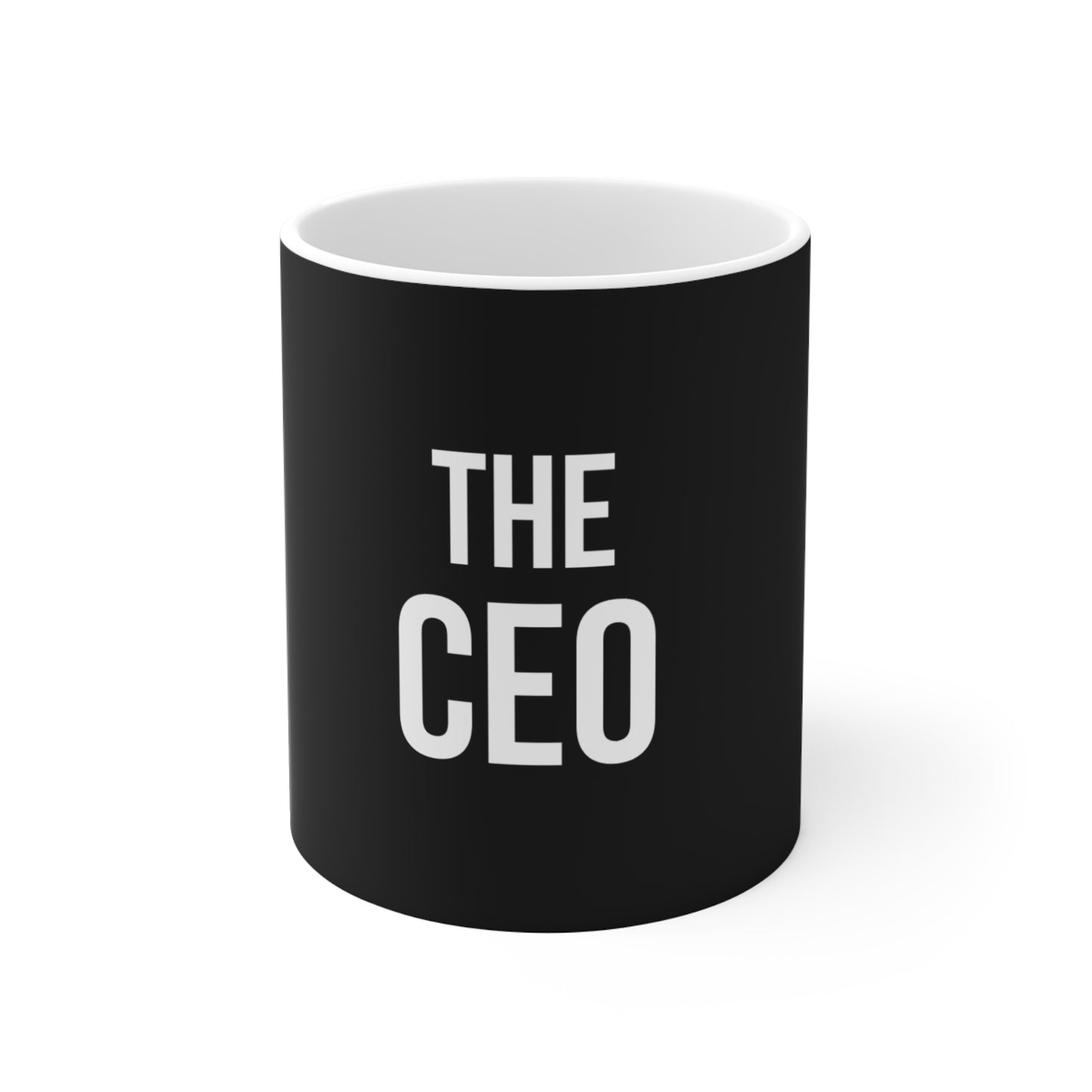 Black mug with 'THE CEO' printed on it against a white background