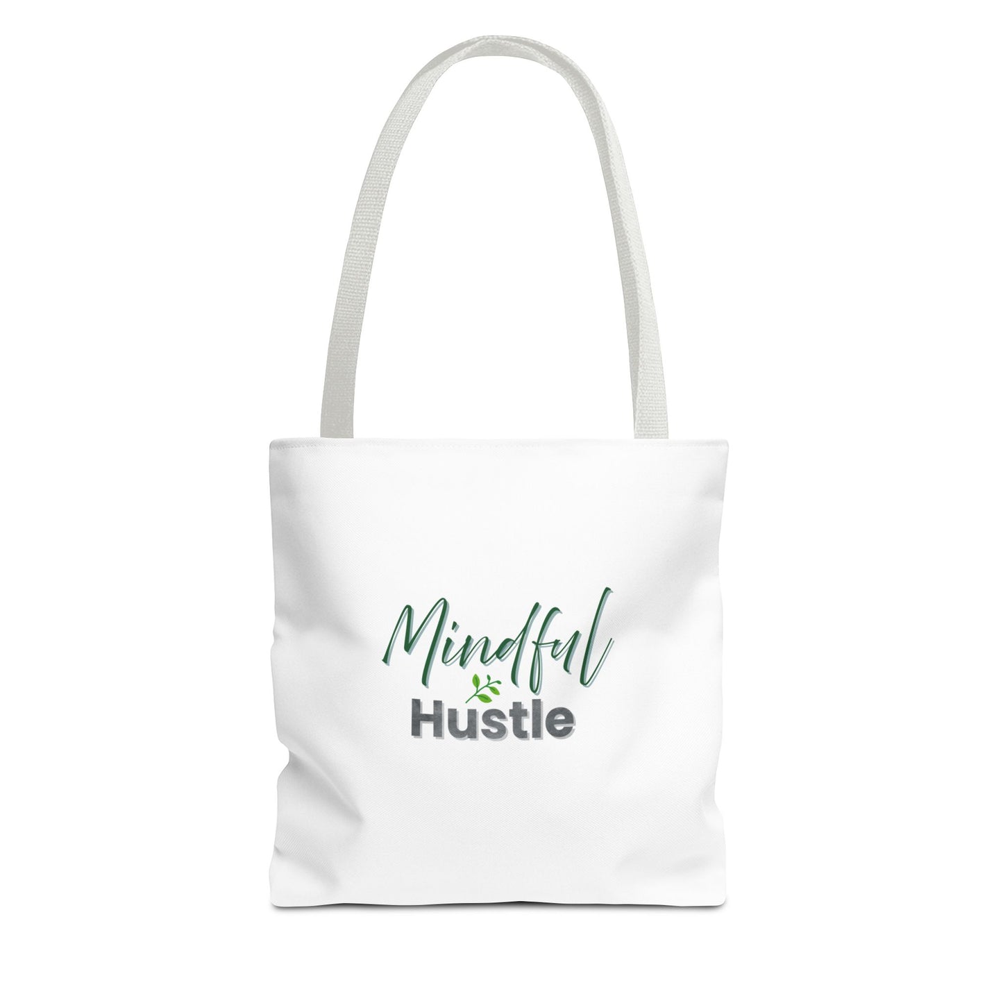 White tote bag with 'Mindful Hustle' text and white handles on a white background