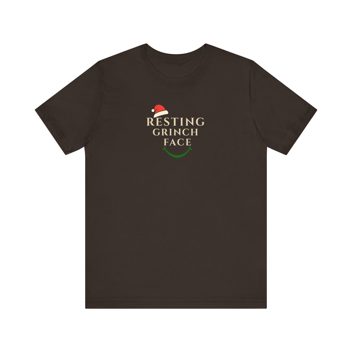 Brown t-shirt with 'Resting Grinch Face' graphic on a white background